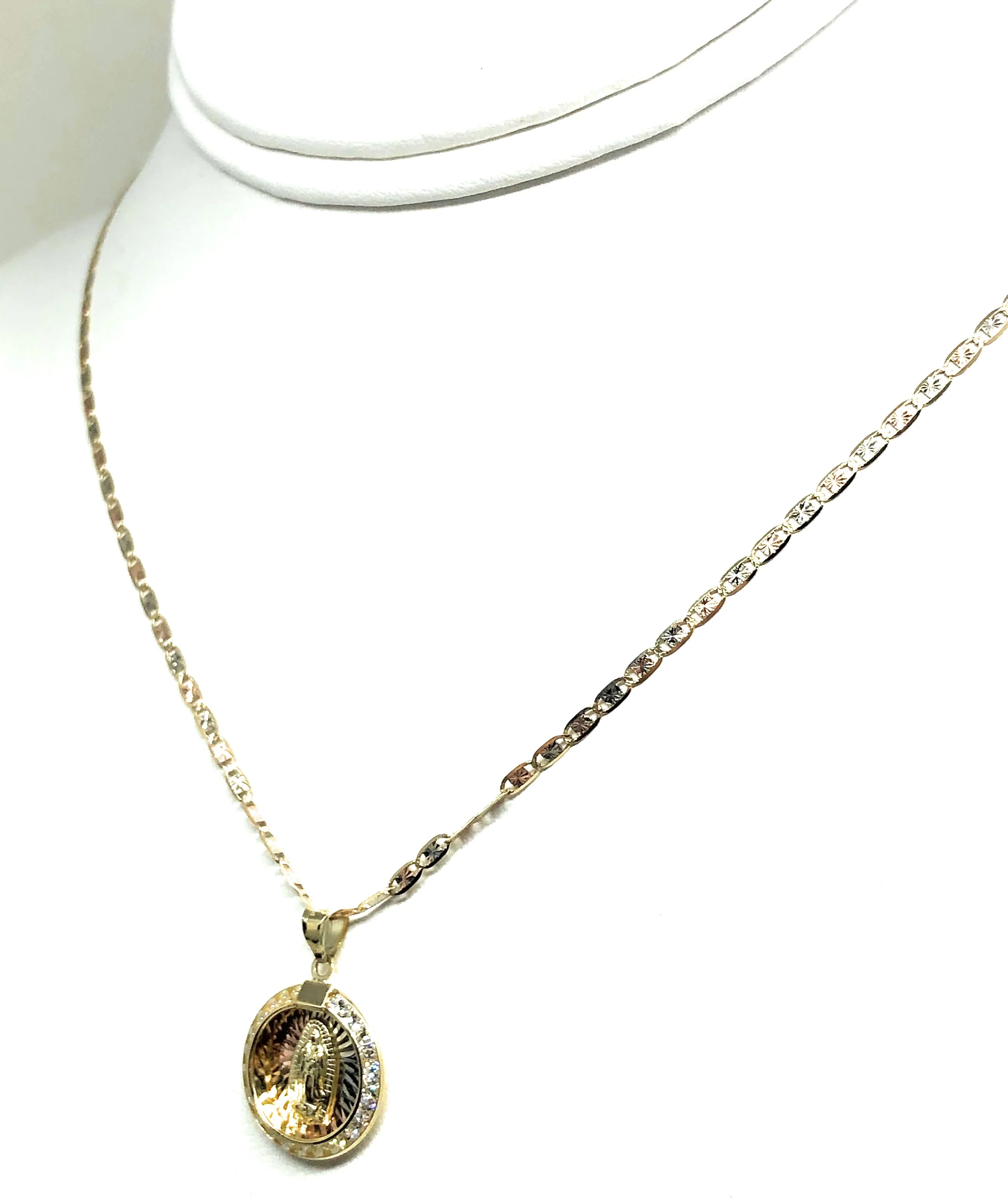 14k Solid Gold Tri-Color Virrgin Mary CZ Round Pendant Necklace Virrgen Gaudalupe (SMALL) - Image 7