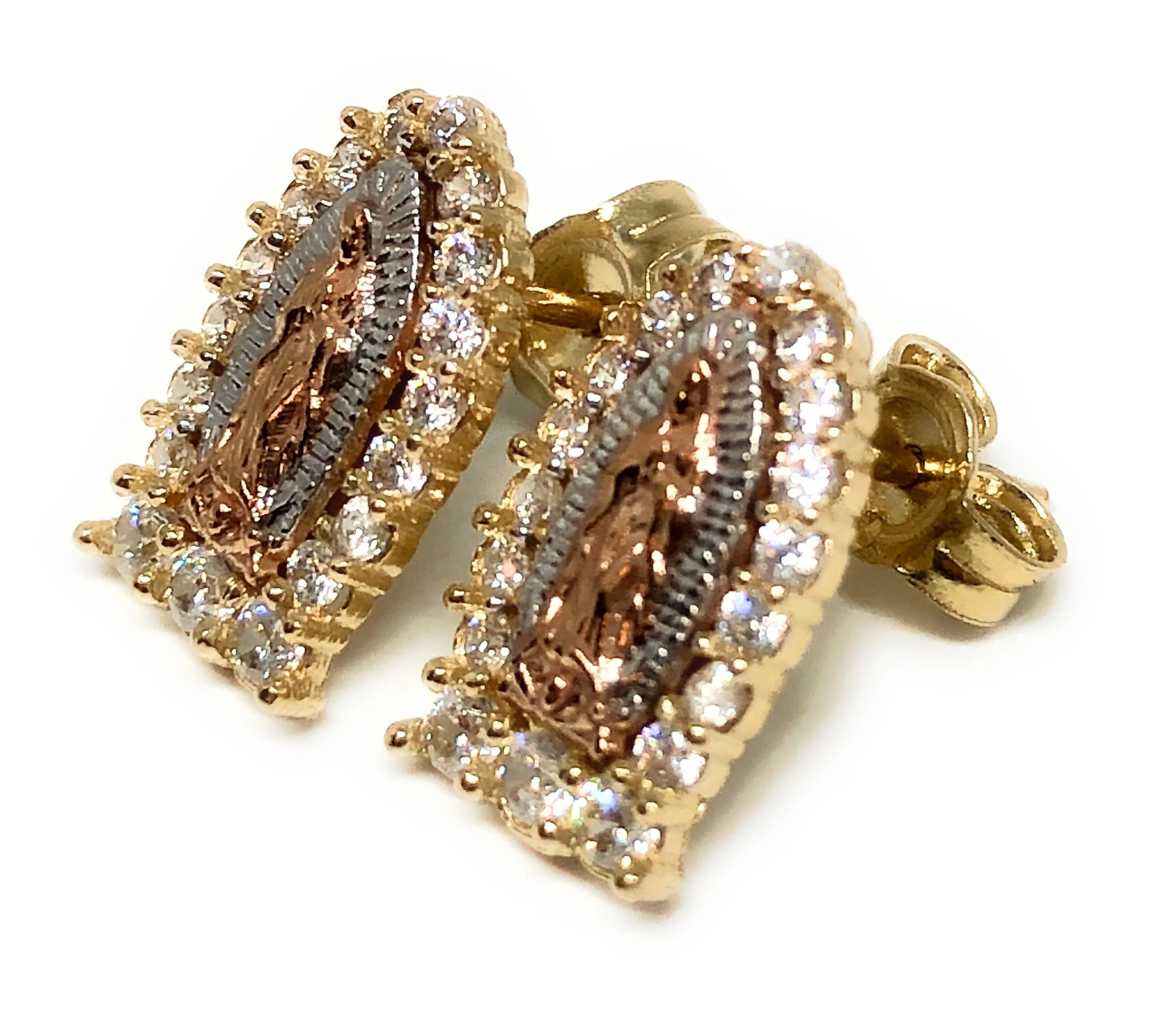 14k Solid Gold Tri-Color SMALL Virrgin Mary Earrings CZ - Image 4