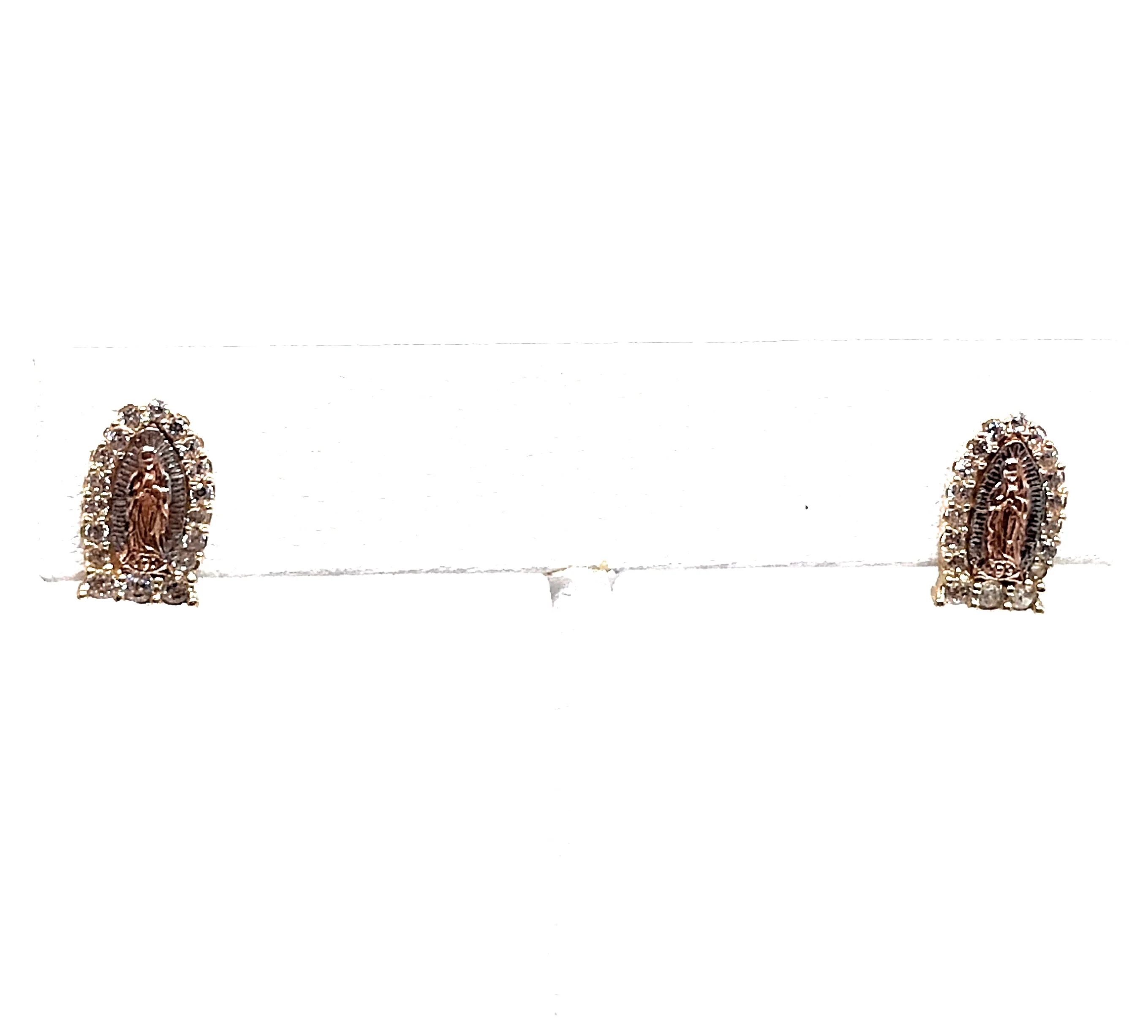 14k Solid Gold Tri-Color SMALL Virrgin Mary Earrings CZ - Image 5