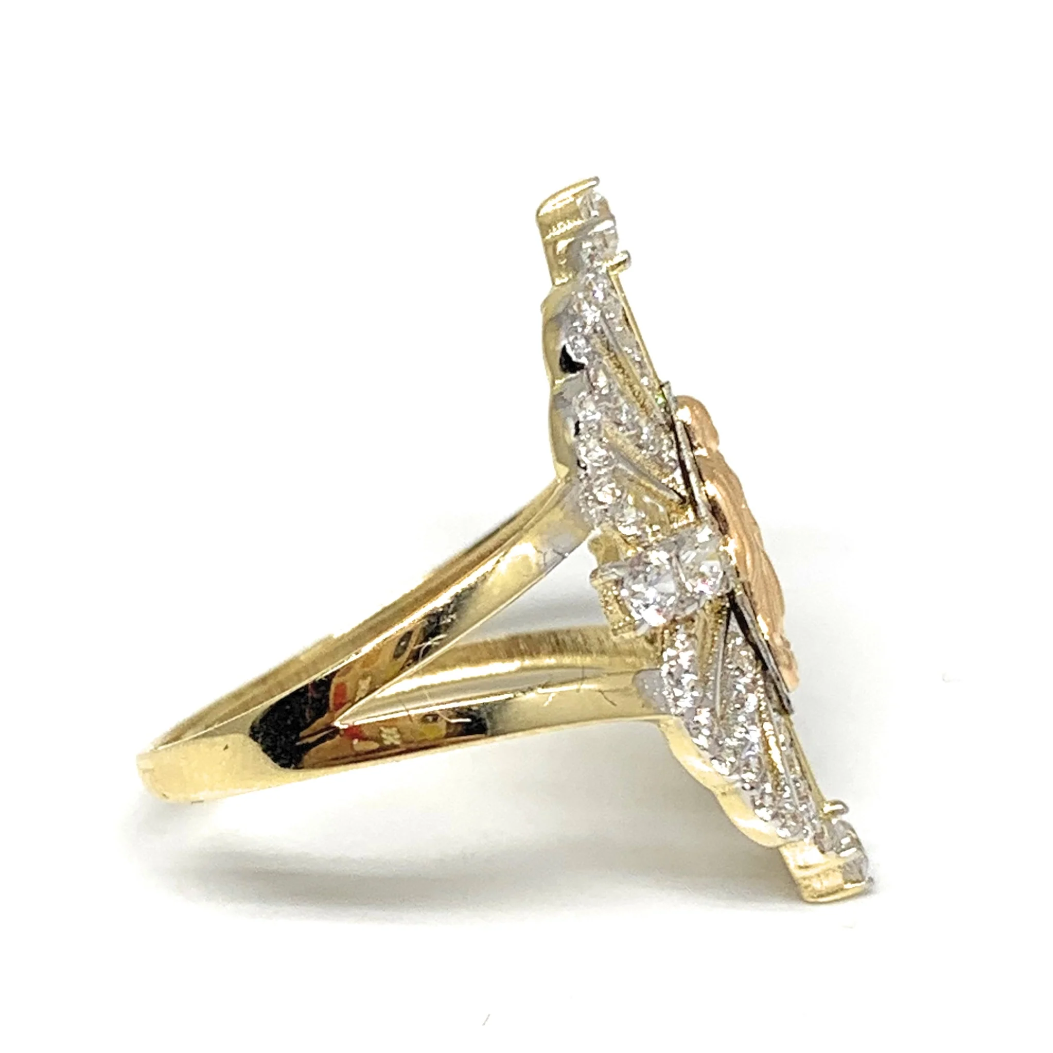 14k Solid Gold Tri-Color Virrgin Mary Filigran Fancy Cubic Zirconia Ring - Image 2