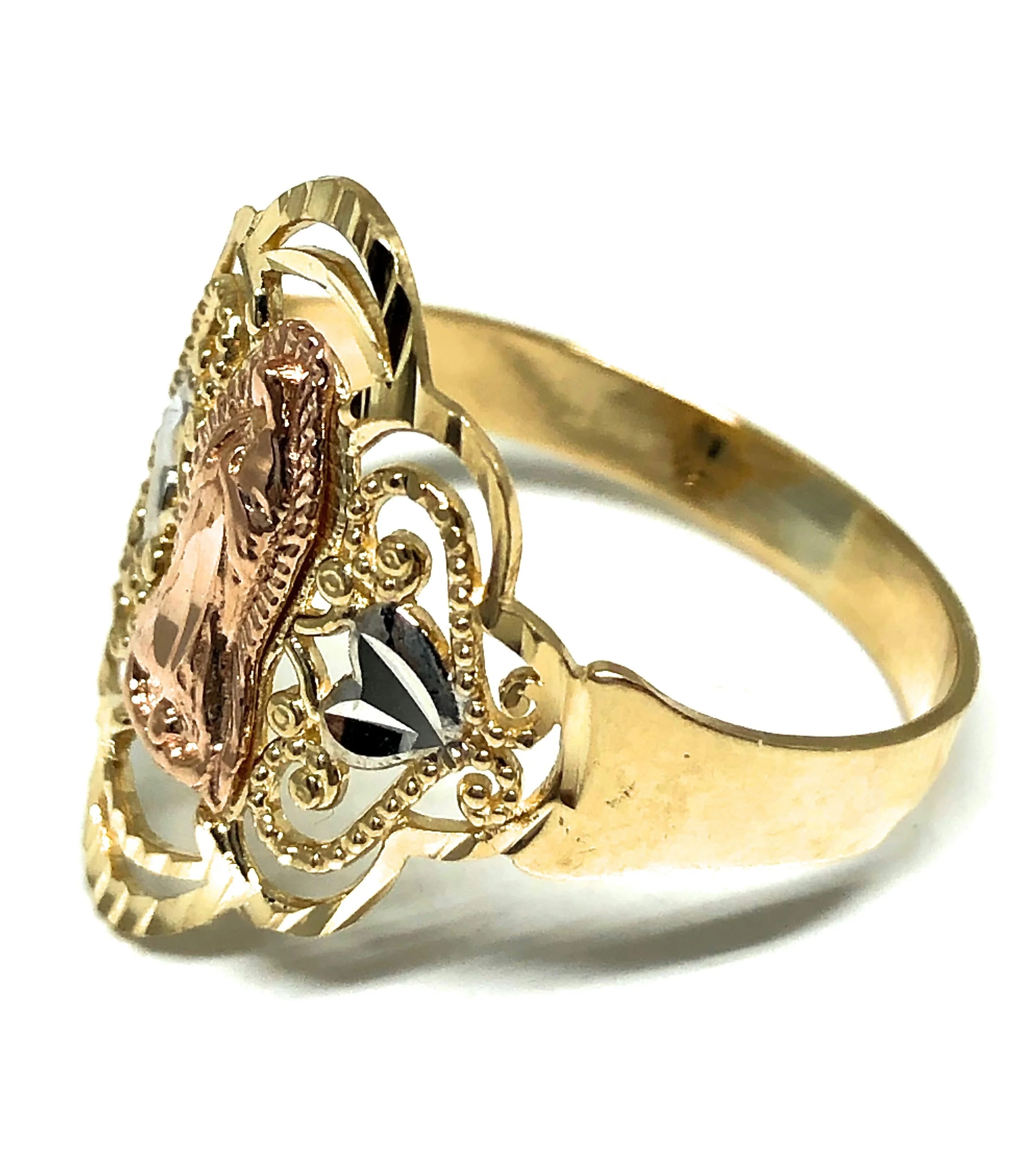 14k Solid Gold Tri-Color Virrgin Mary Filigran Heart Ring - Image 2
