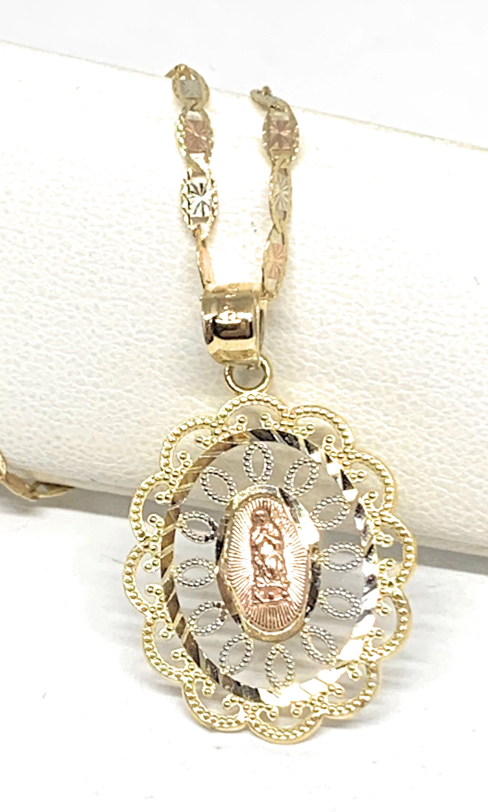 14k Solid Gold Tri-Color Virrgin Mary Filigran Pendant Virrgen Guadalupe Necklace - Image 4