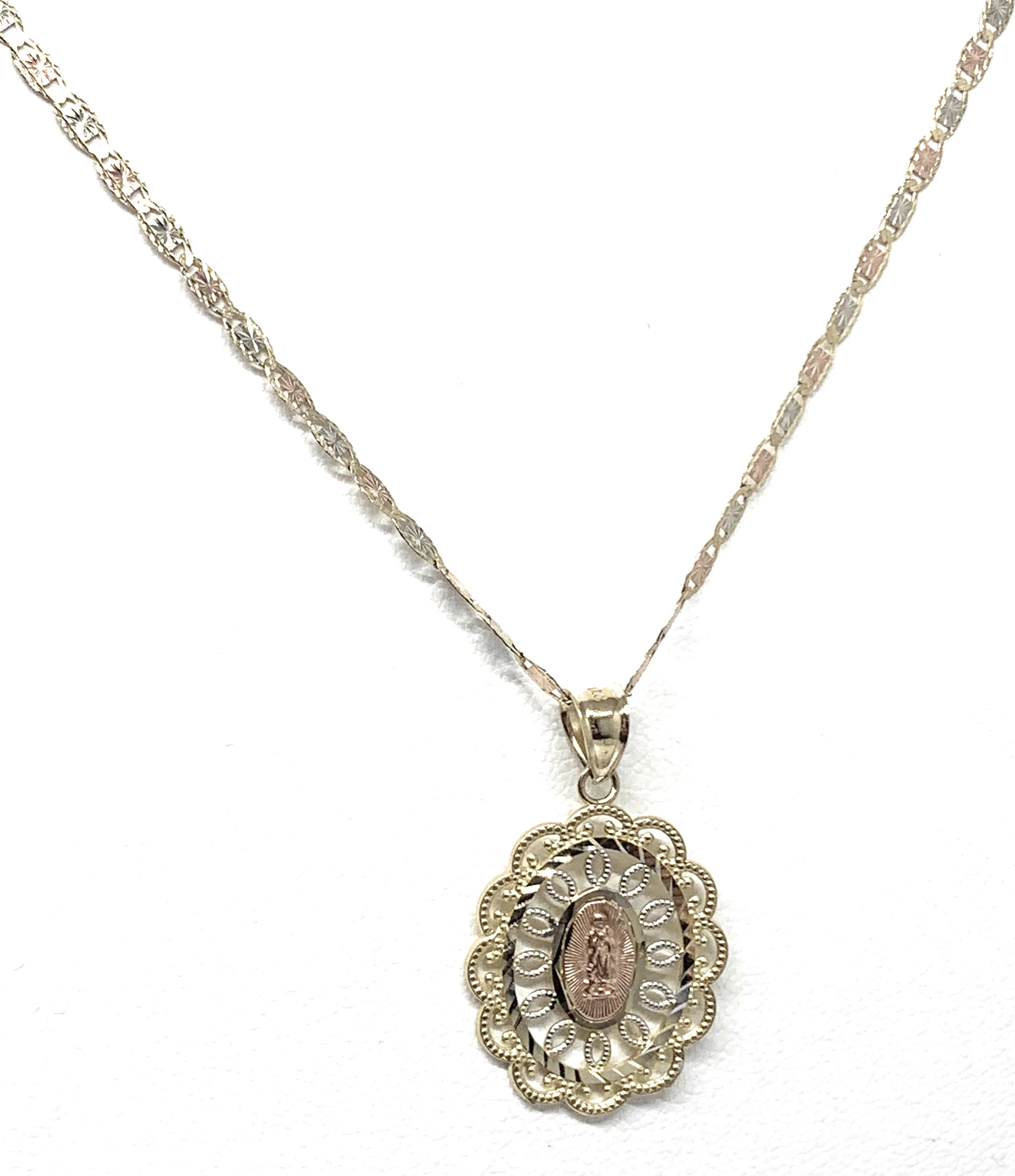 14k Solid Gold Tri-Color Virrgin Mary Filigran Pendant Virrgen Guadalupe Necklace - Image 6