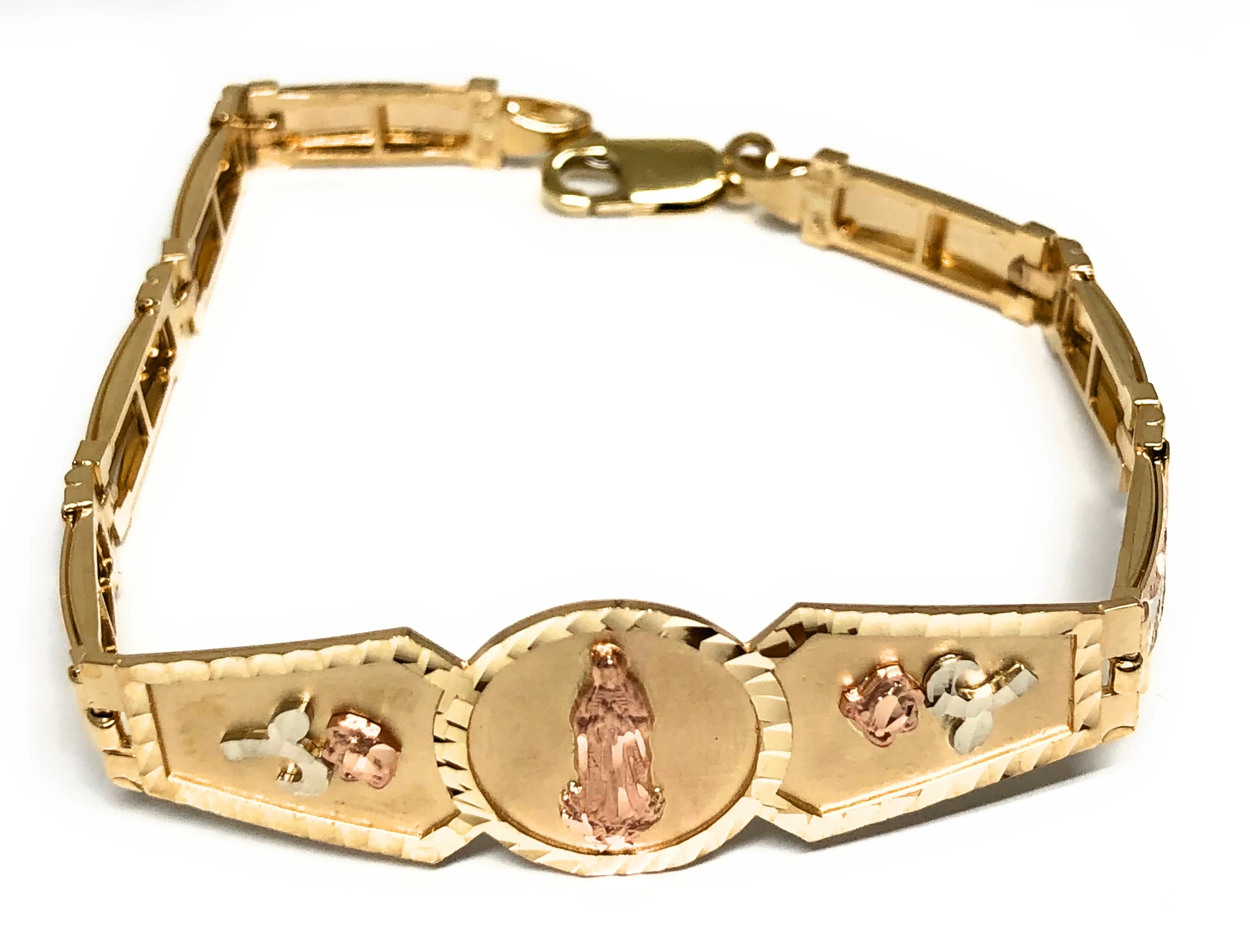 14k Solid Gold Yellow & Rose Virrgin Mary Flower Brracelet 7.1 inch Virrgen Guadalupe (13g) - Image 2