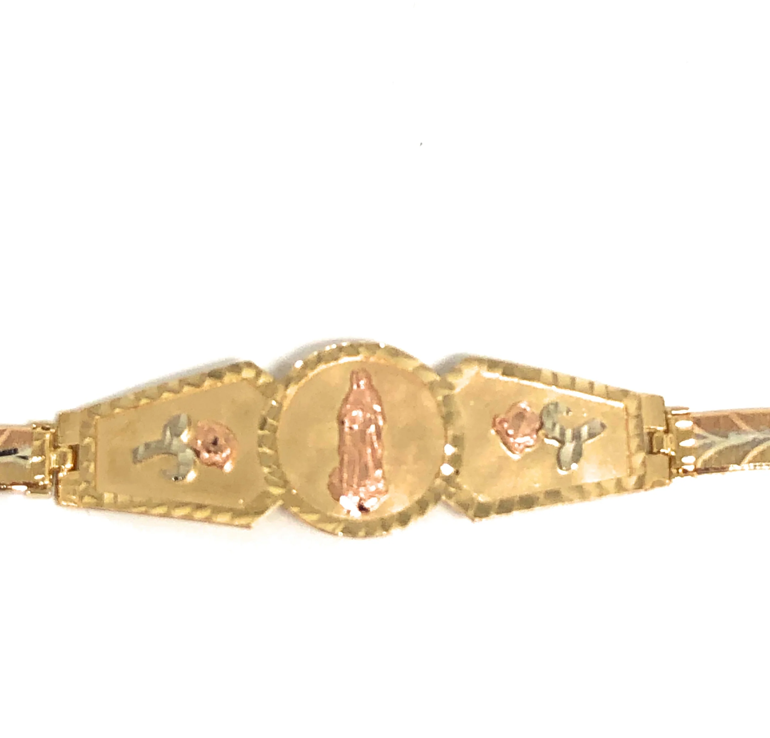 14k Solid Gold Yellow & Rose Virrgin Mary Flower Brracelet 7.1 inch Virrgen Guadalupe (13g) - Image 4