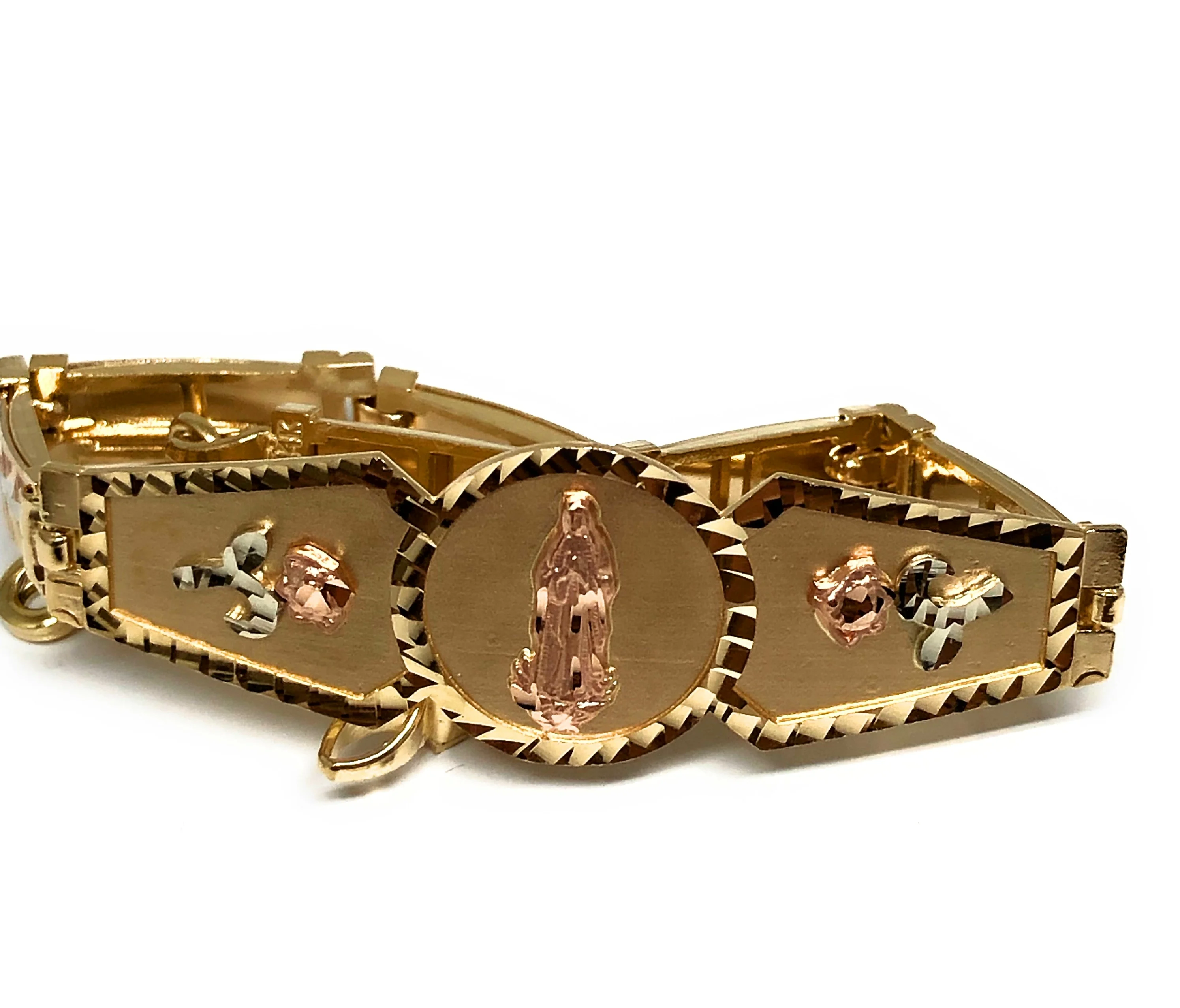 14k Solid Gold Yellow & Rose Virrgin Mary Flower Brracelet 7.1 inch Virrgen Guadalupe (13g) - Image 5
