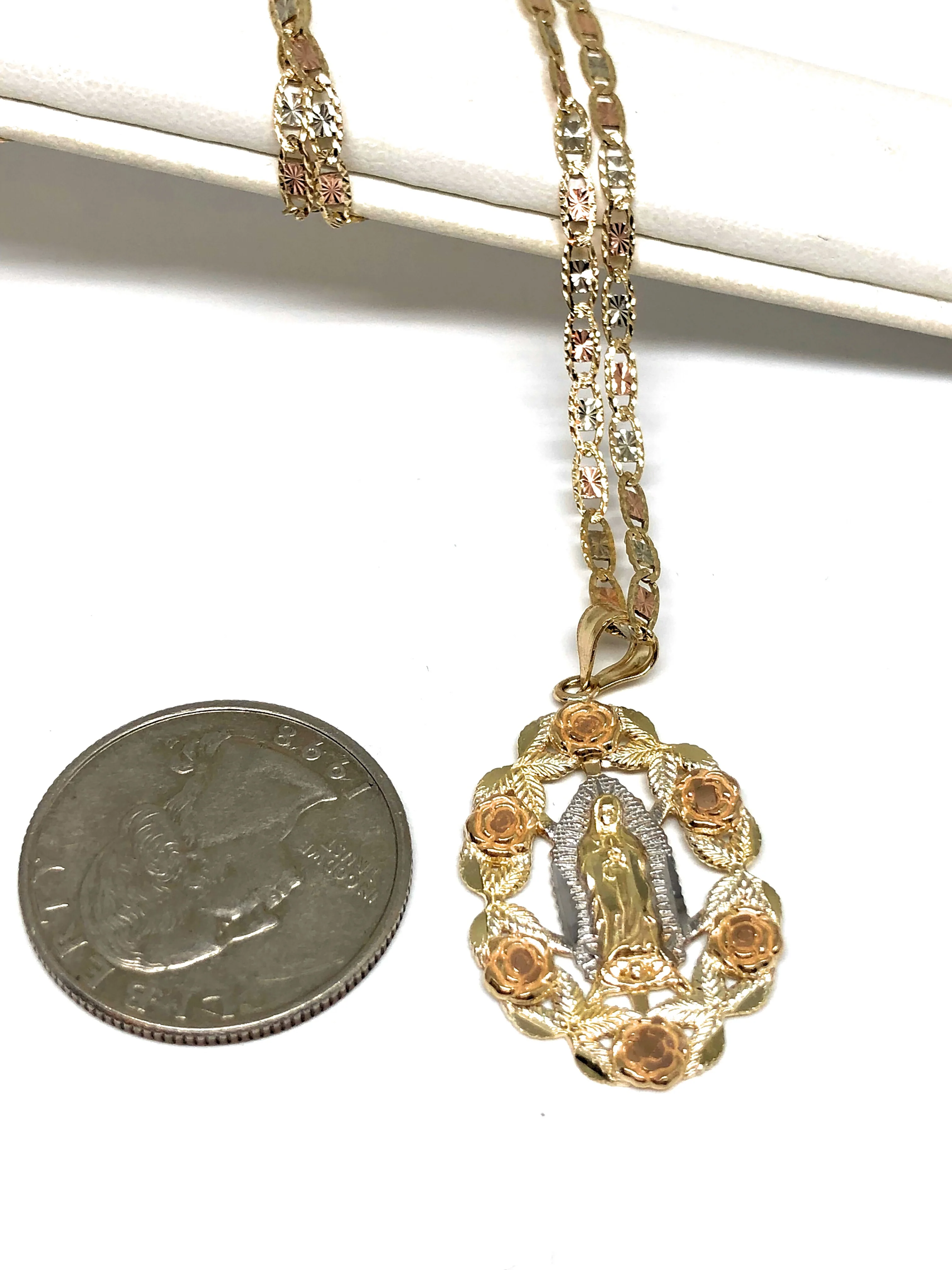 14k Solid Gold Tri-Color Virrgin Mary Flower Pendant Necklace Virrgen Gaudalupe Valentina Chain (MED) - Image 2