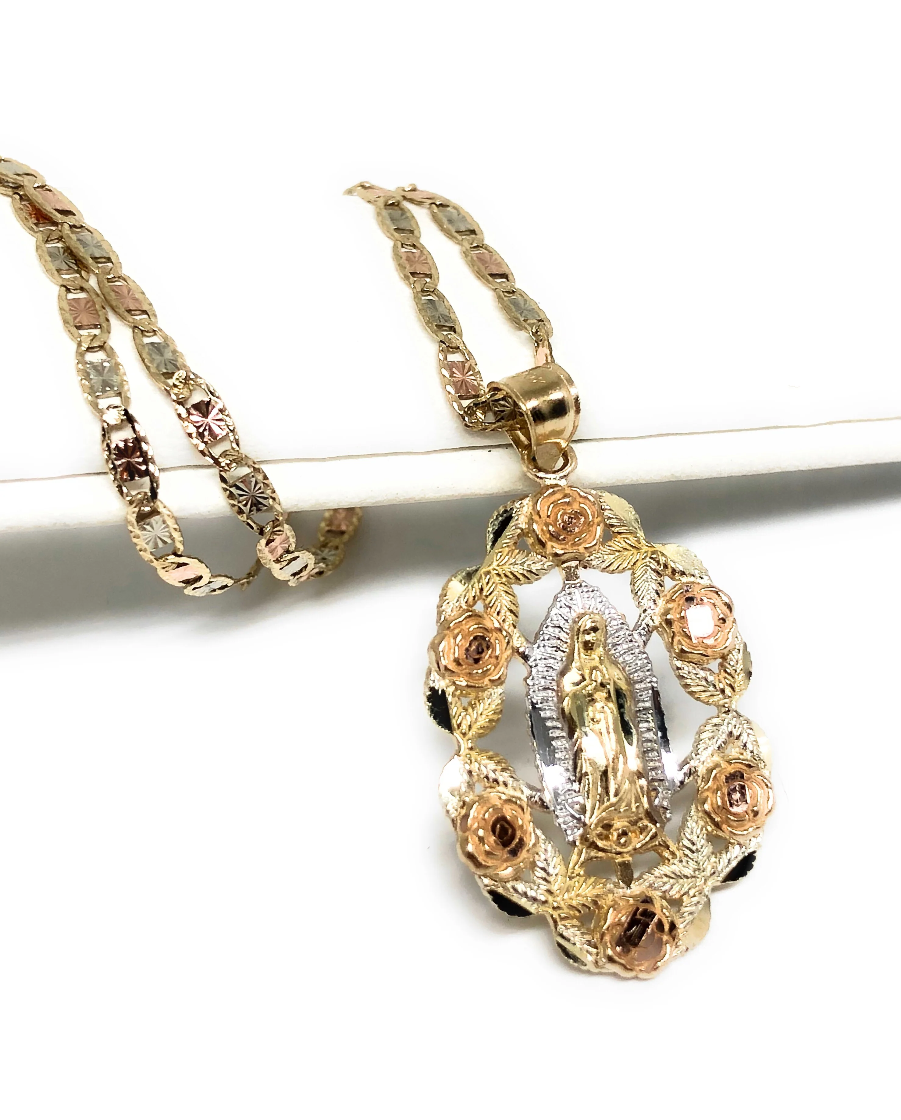 14k Solid Gold Tri-Color Virrgin Mary Flower Pendant Necklace Virrgen Gaudalupe Valentina Chain (MED) - Image 3