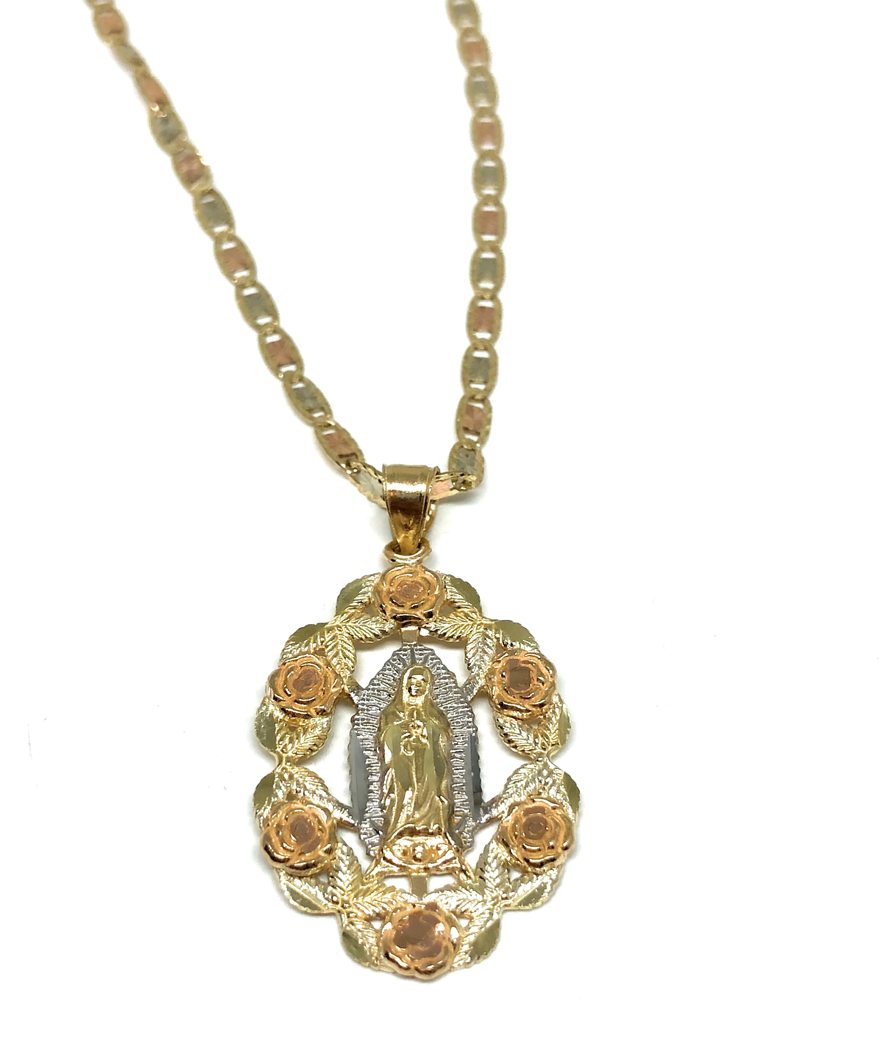 14k Solid Gold Tri-Color Virrgin Mary Flower Pendant Necklace Virrgen Gaudalupe Valentina Chain (MED) - Image 4