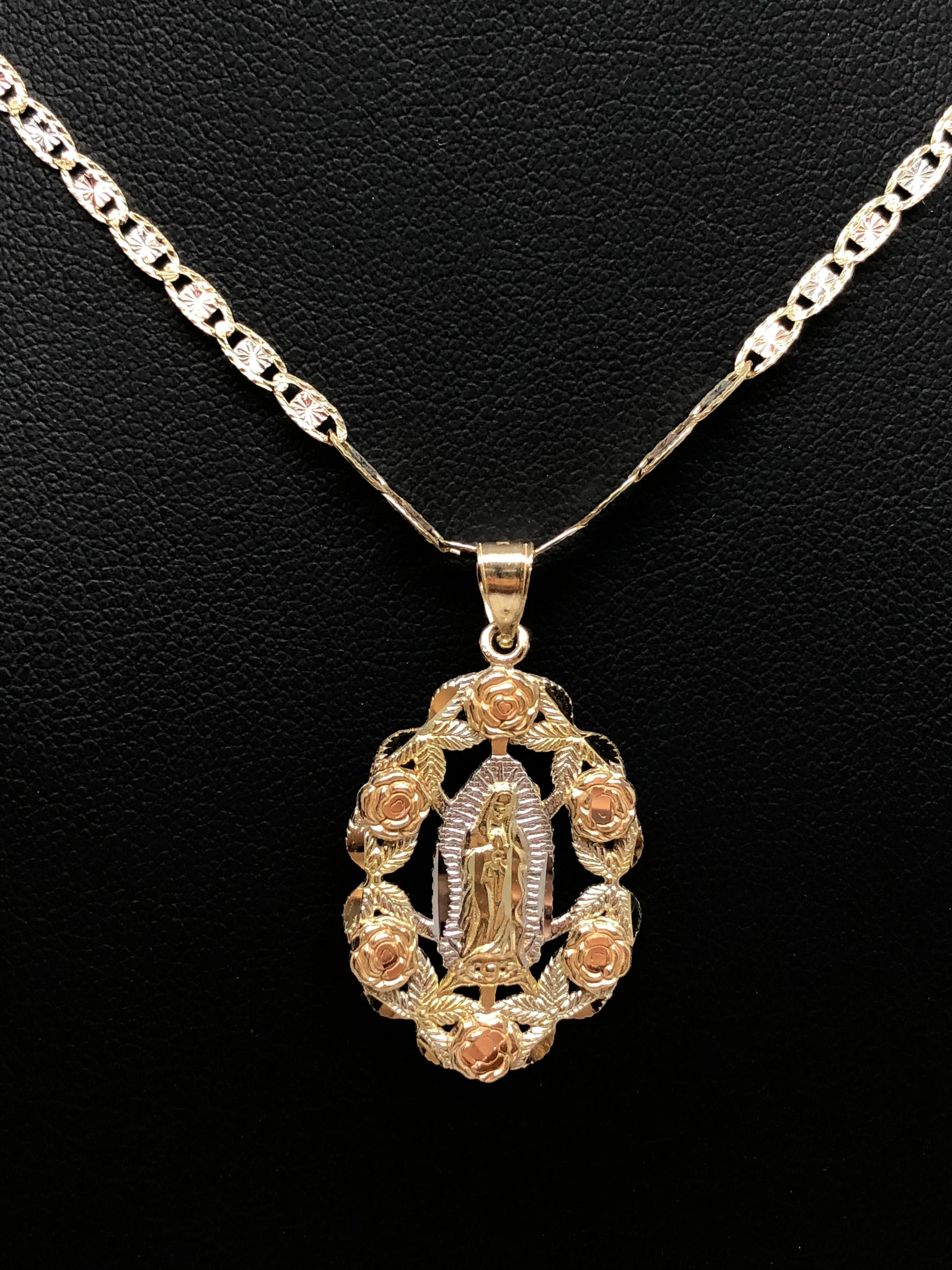 14k Solid Gold Tri-Color Virrgin Mary Flower Pendant Necklace Virrgen Gaudalupe Valentina Chain (MED) - Image 5