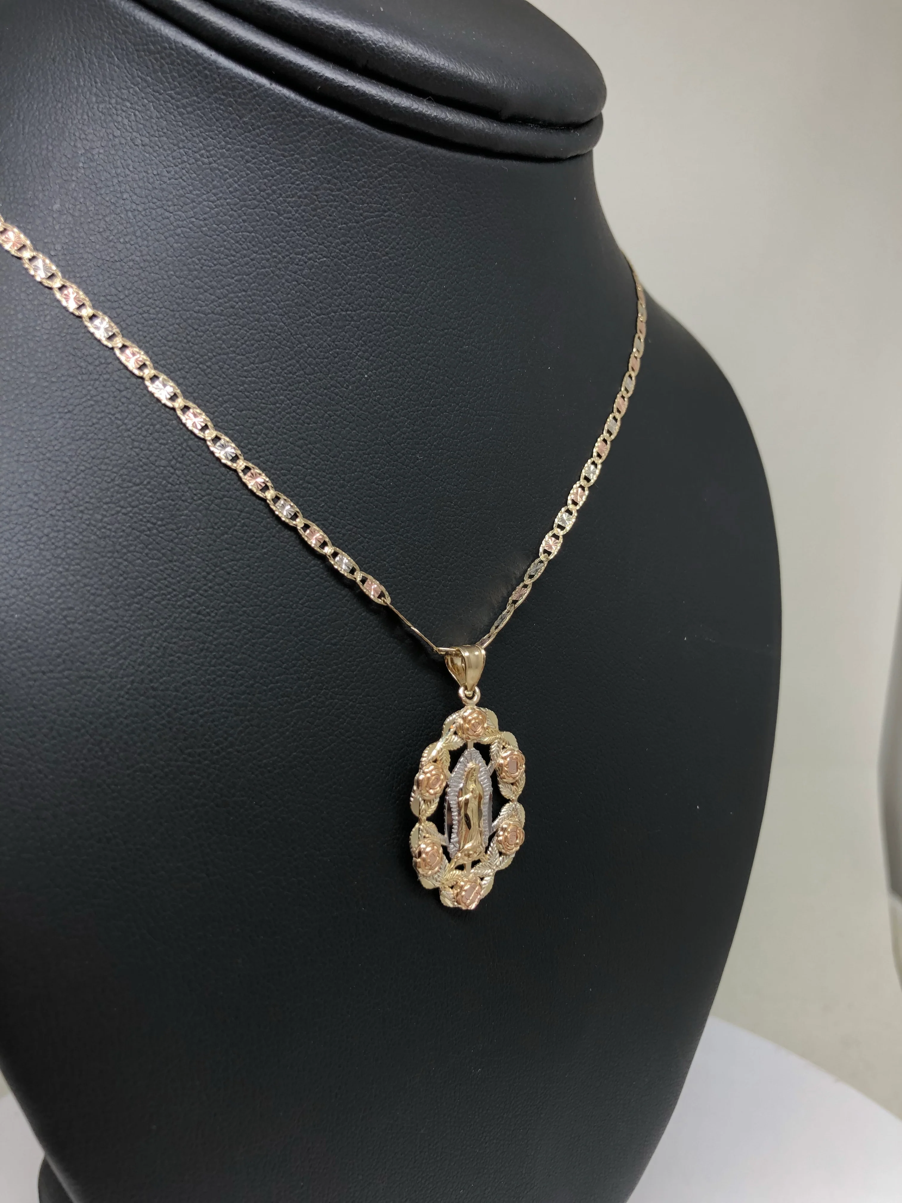 14k Solid Gold Tri-Color Virrgin Mary Flower Pendant Necklace Virrgen Gaudalupe Valentina Chain (MED) - Image 6