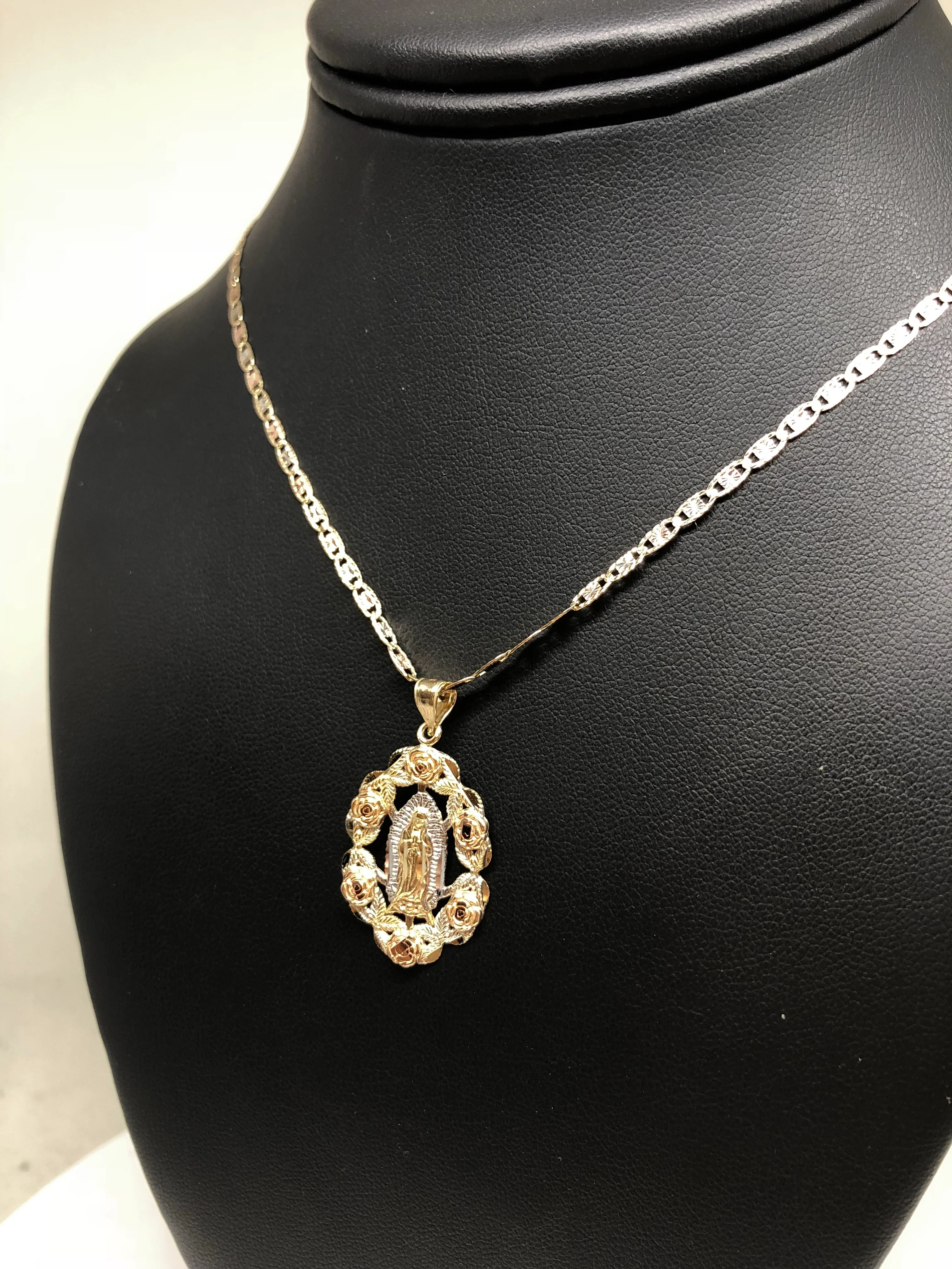 14k Solid Gold Tri-Color Virrgin Mary Flower Pendant Necklace Virrgen Gaudalupe Valentina Chain (MED) - Image 7