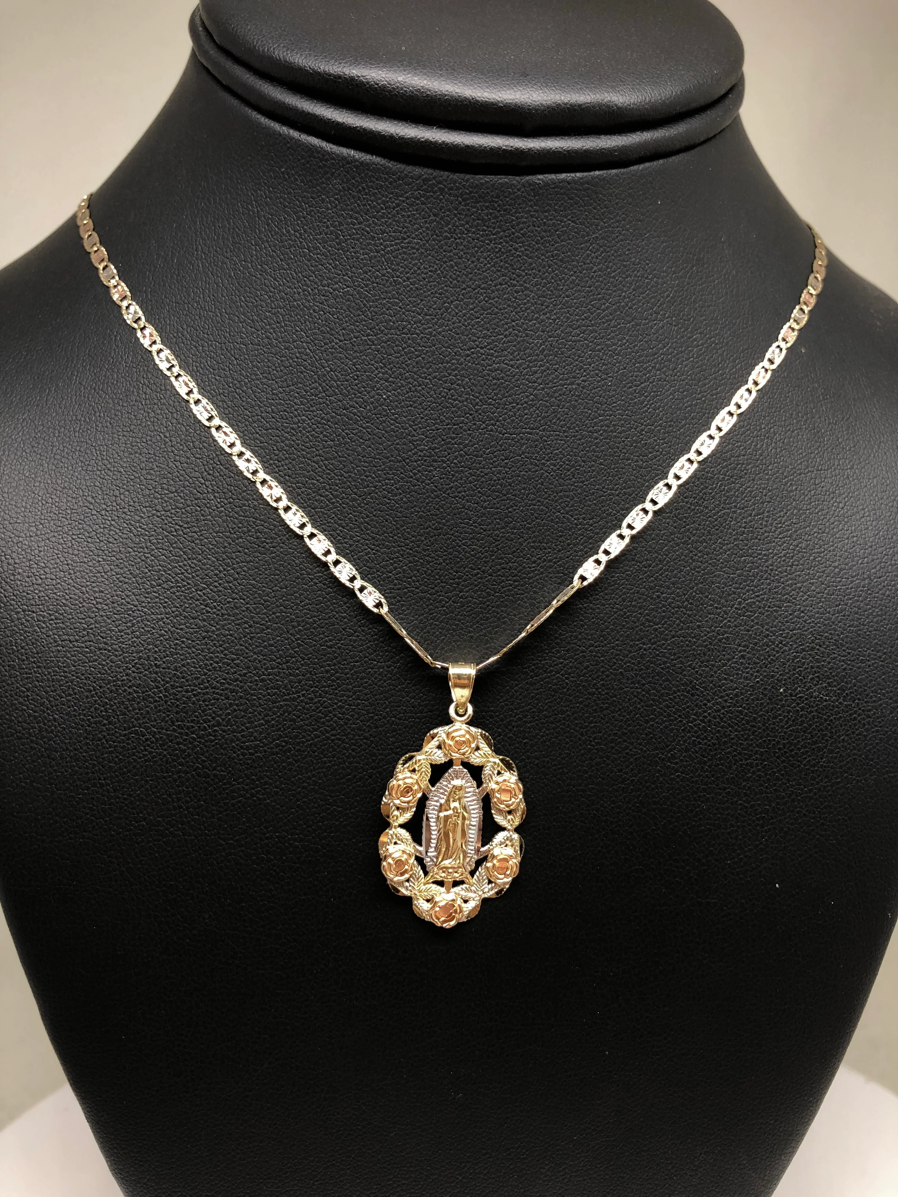 14k Solid Gold Tri-Color Virrgin Mary Flower Pendant Necklace Virrgen Gaudalupe Valentina Chain (MED) - Image 8