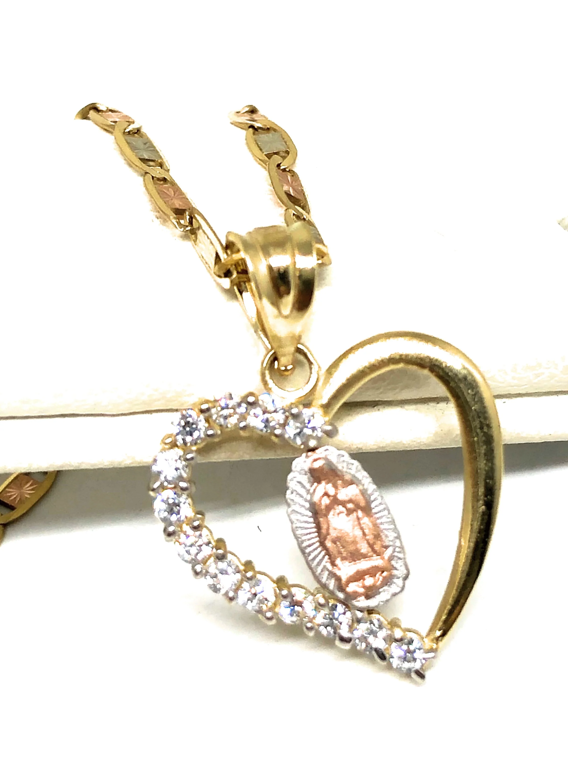 14k Solid Gold Tri-Color Virrgin Mary Heart CZ Pendant Necklace Virrgen Gaudalupe Valentina Chain - Image 2