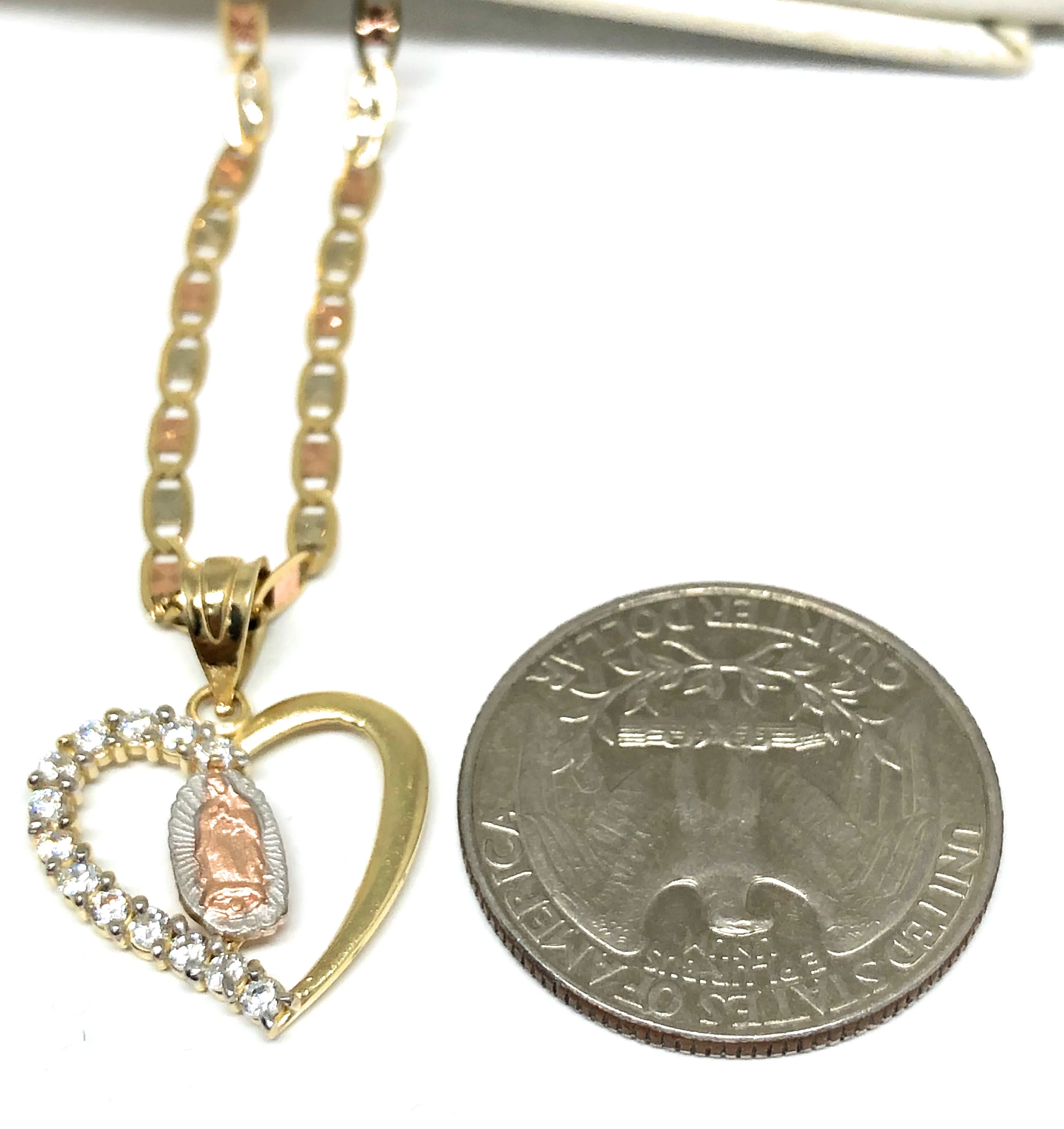14k Solid Gold Tri-Color Virrgin Mary Heart CZ Pendant Necklace Virrgen Gaudalupe Valentina Chain - Image 3