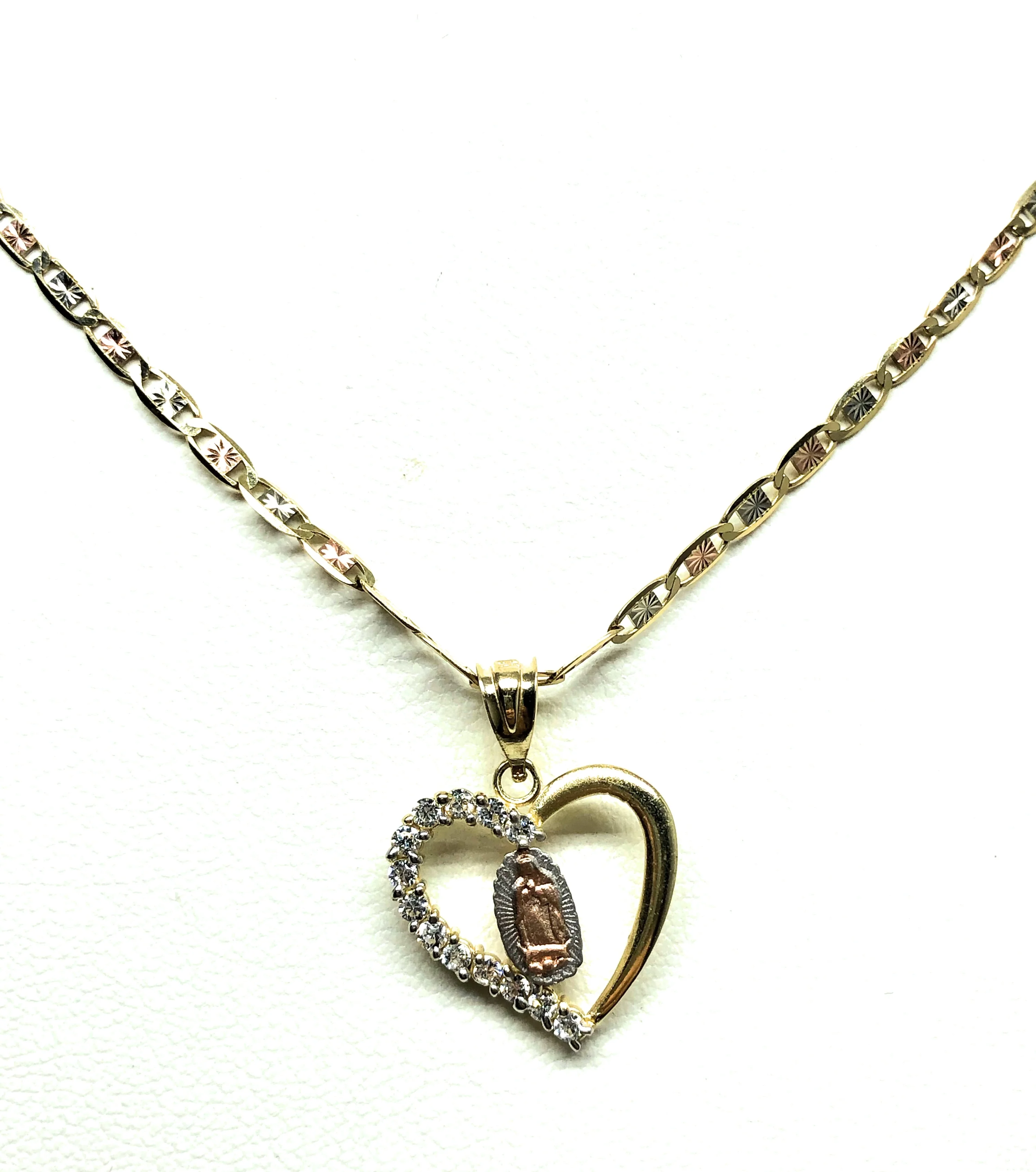 14k Solid Gold Tri-Color Virrgin Mary Heart CZ Pendant Necklace Virrgen Gaudalupe Valentina Chain - Image 4