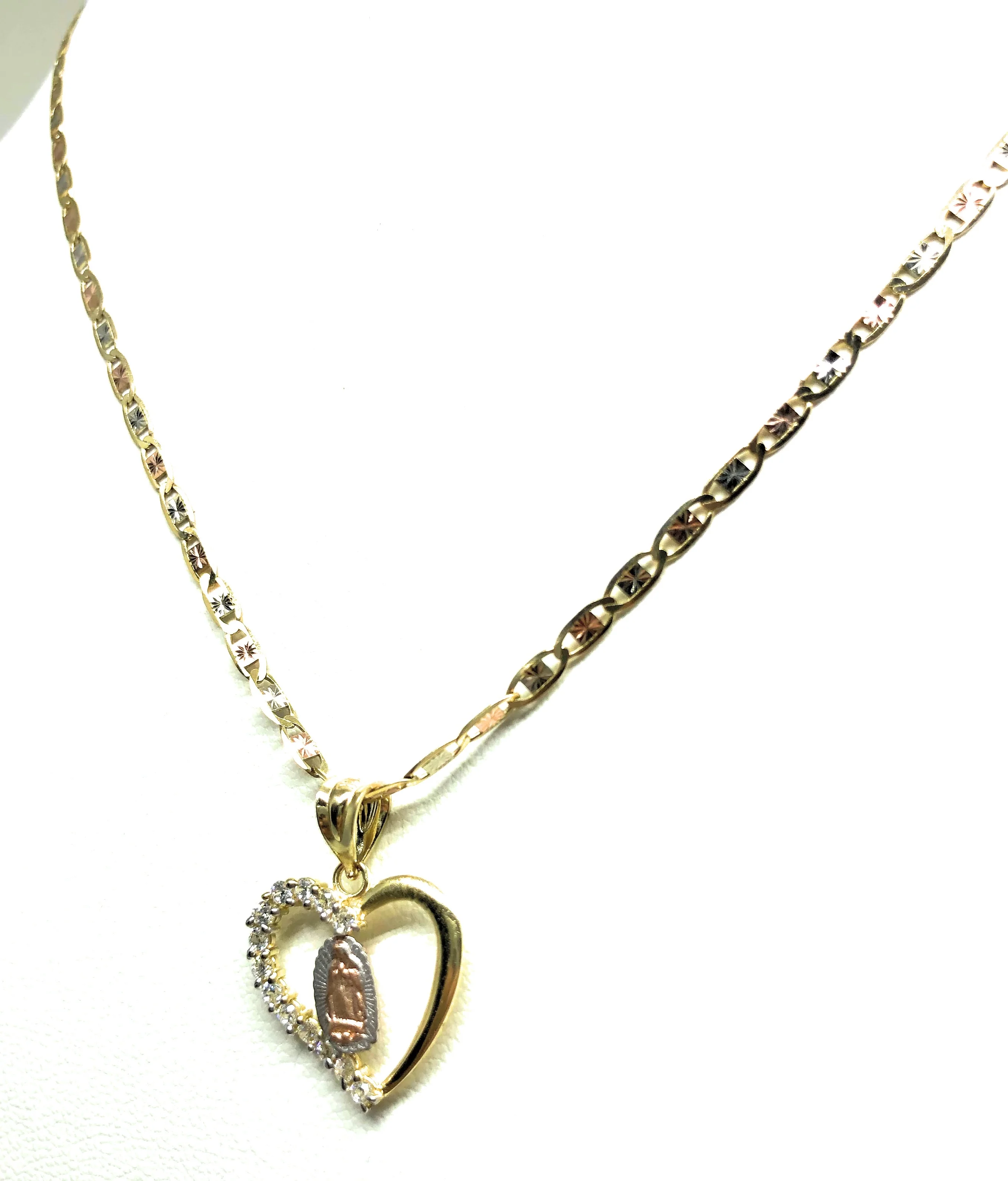 14k Solid Gold Tri-Color Virrgin Mary Heart CZ Pendant Necklace Virrgen Gaudalupe Valentina Chain - Image 5