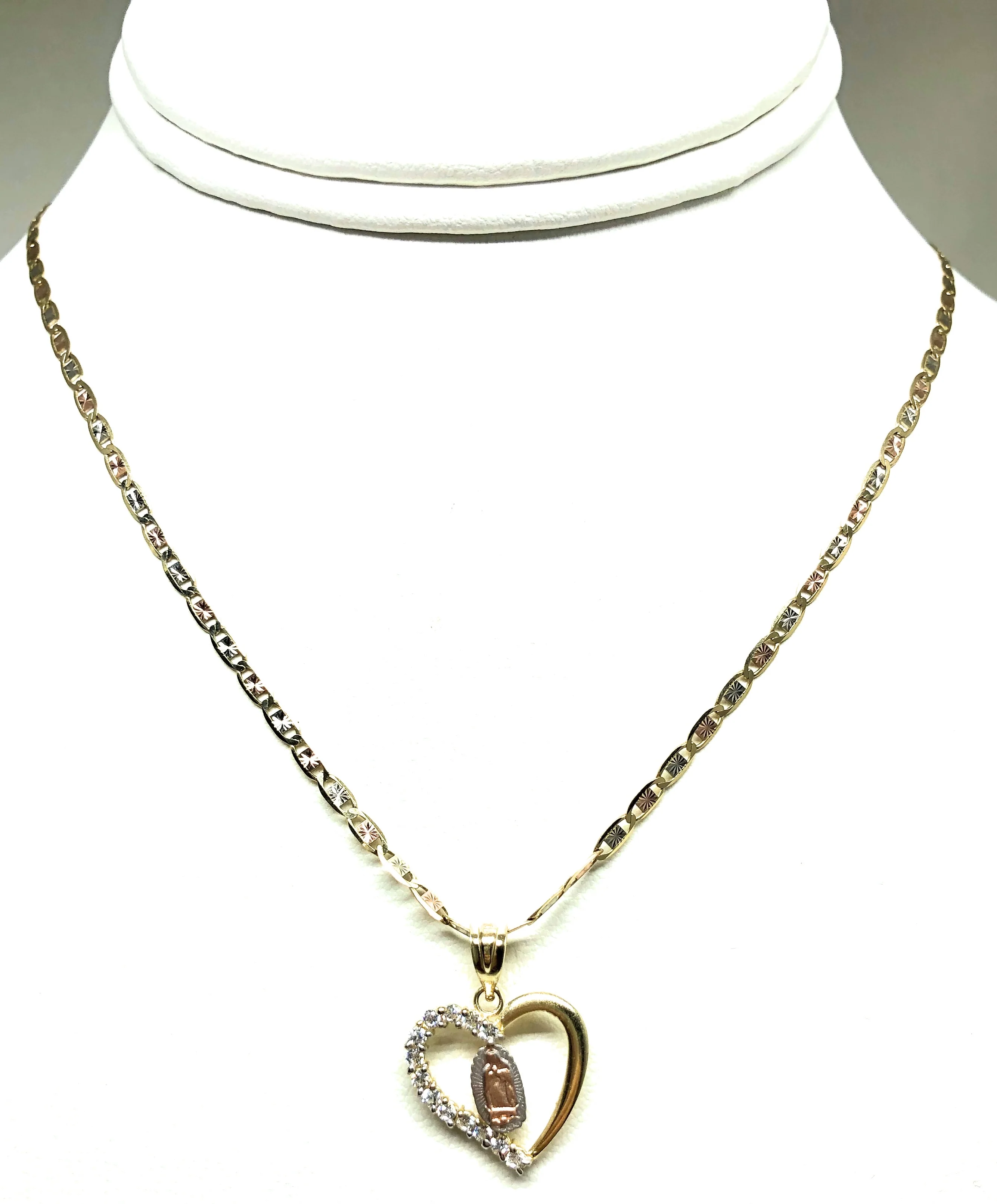 14k Solid Gold Tri-Color Virrgin Mary Heart CZ Pendant Necklace Virrgen Gaudalupe Valentina Chain - Image 7