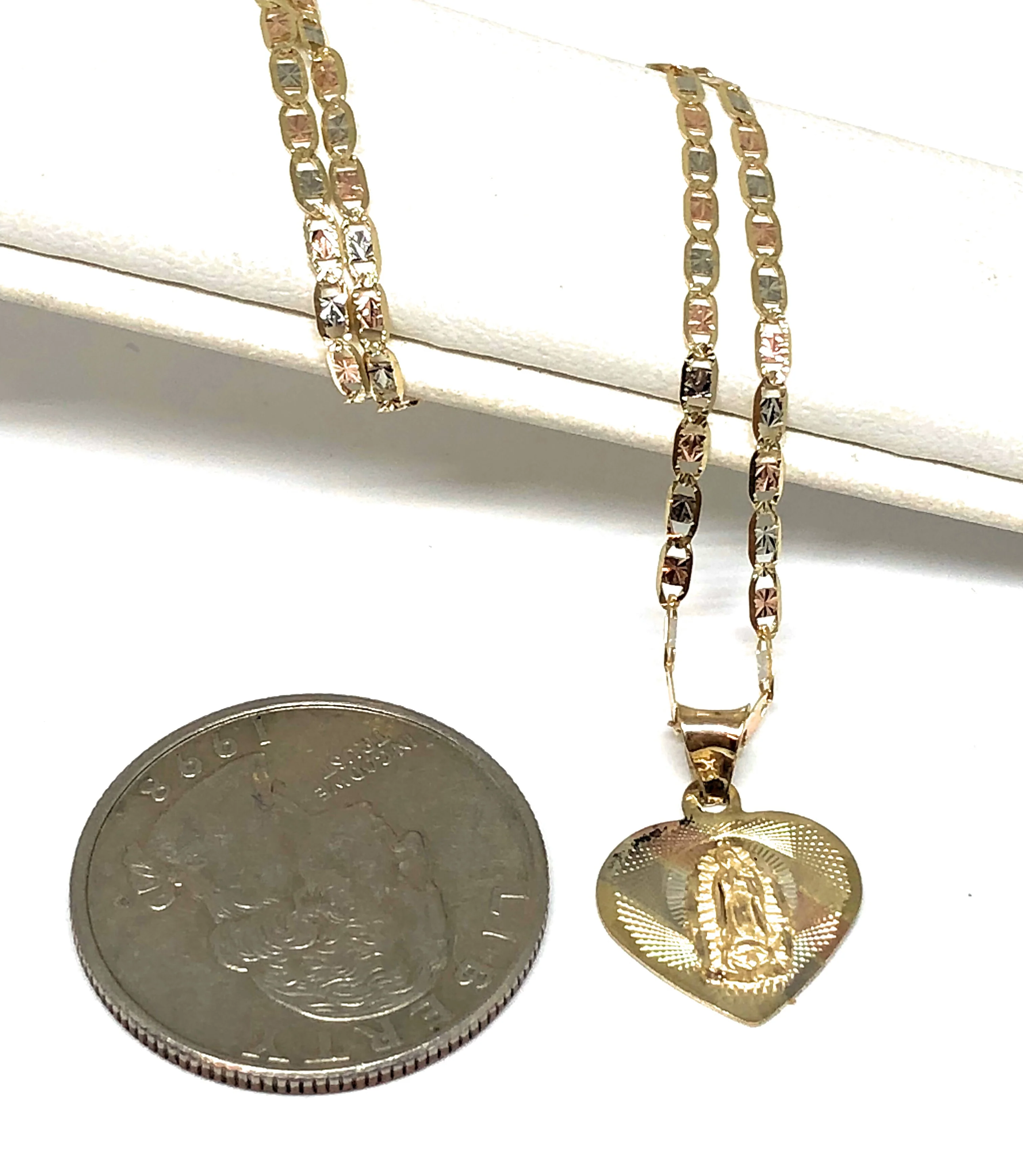 14k Solid Gold Tri-Color Virrgin Mary Heart Pendant Virrgen Guadalupe Valentina Chain (SM, MED) - Image 3