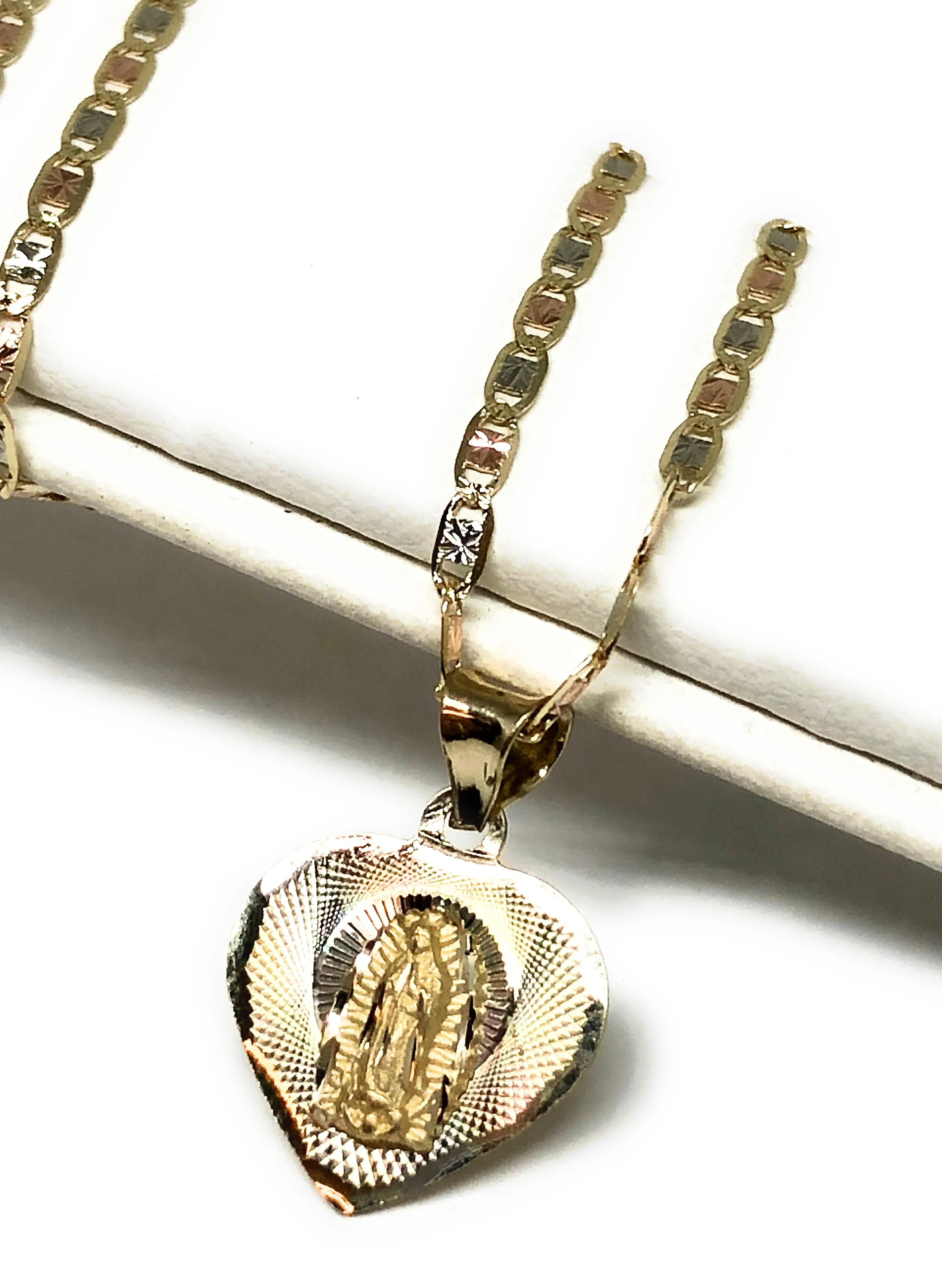 14k Solid Gold Tri-Color Virrgin Mary Heart Pendant Virrgen Guadalupe Valentina Chain (SM, MED) - Image 5