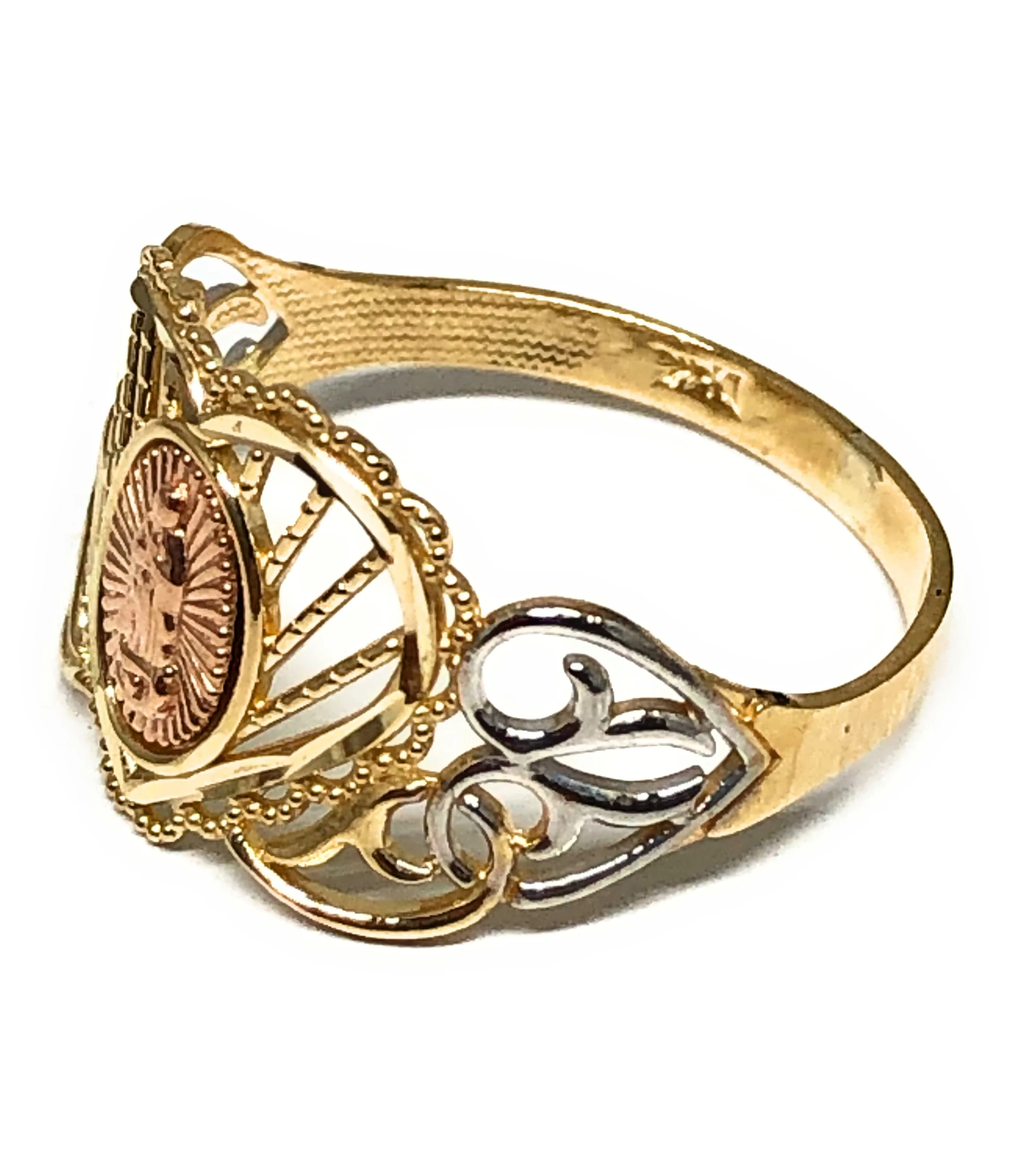 14k Solid Gold Tri-Color Virrgin Mary Heart Ring - Image 2