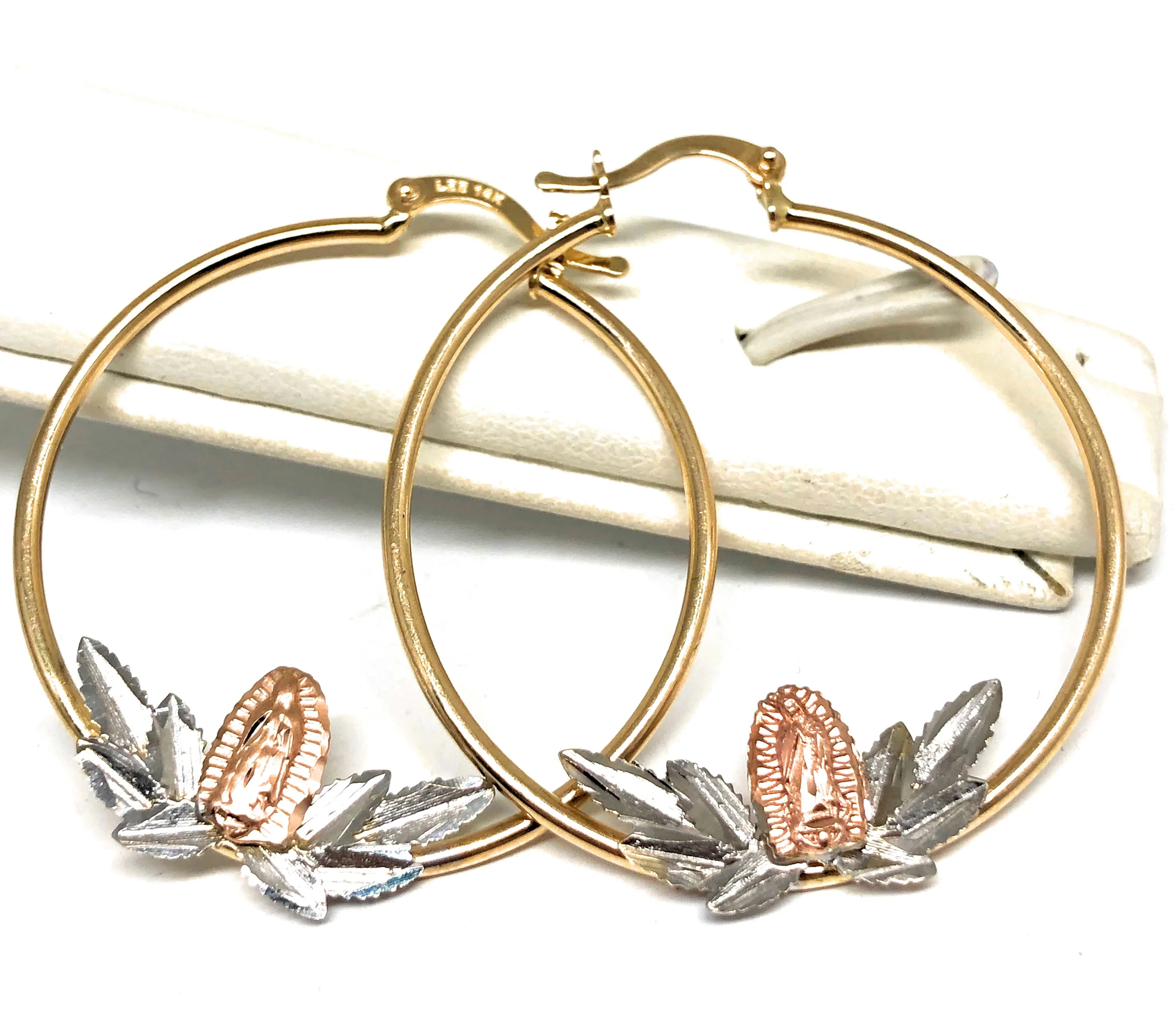 14k Solid Gold Tri-Color Virrgin Mary Hoop Earrings - Image 3