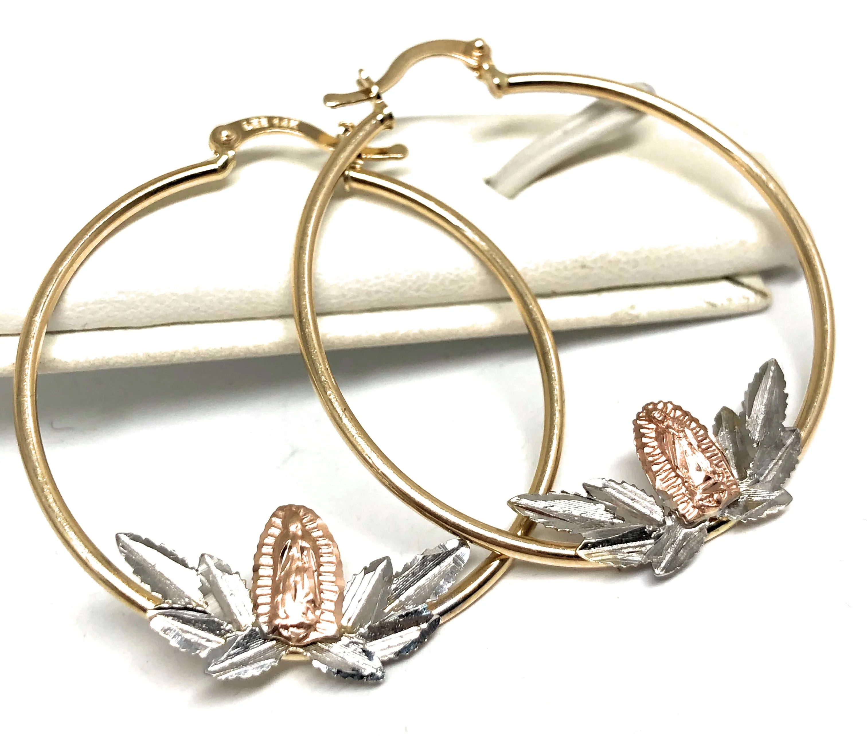 14k Solid Gold Tri-Color Virrgin Mary Hoop Earrings - Image 4