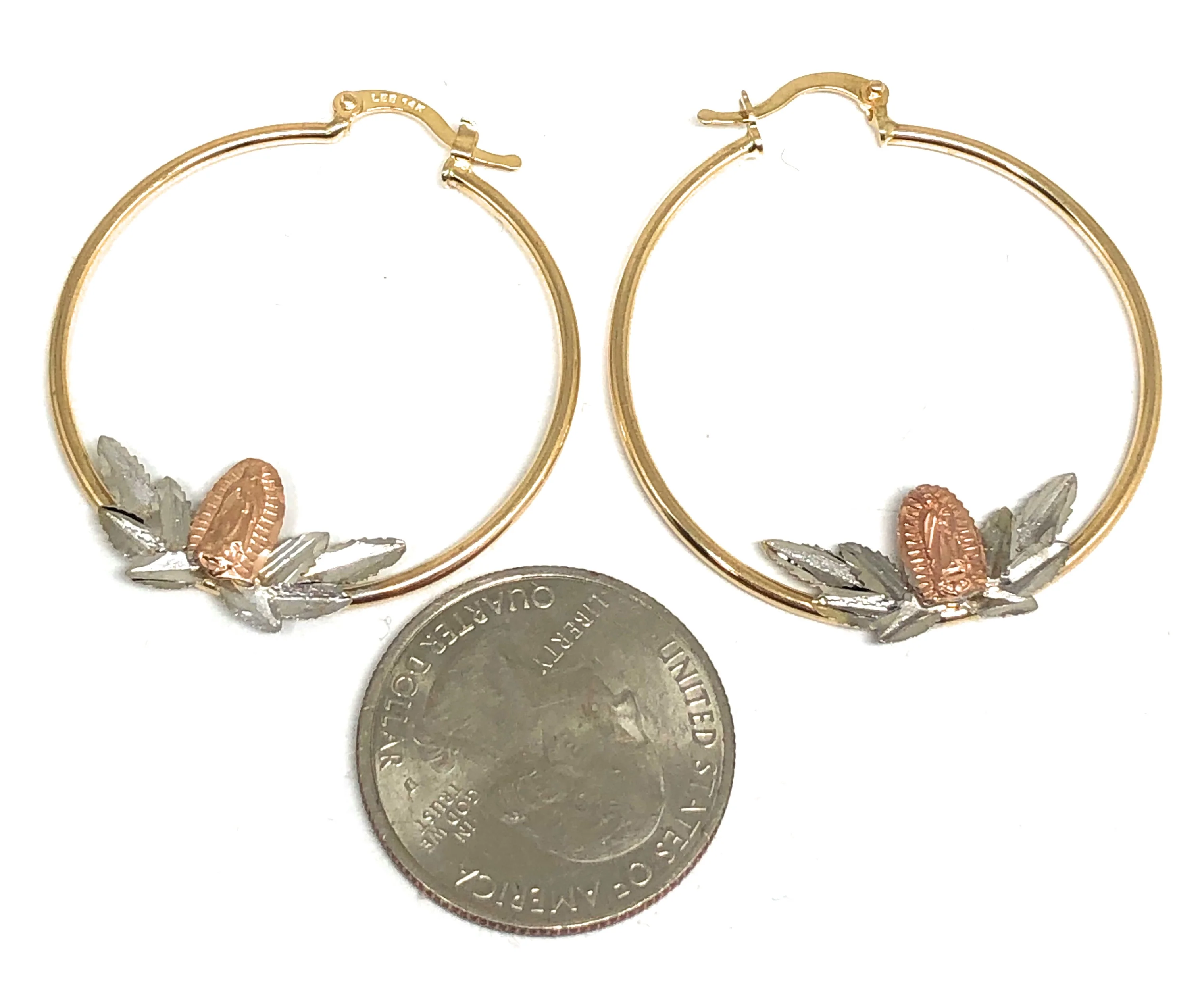 14k Solid Gold Tri-Color Virrgin Mary Hoop Earrings - Image 5