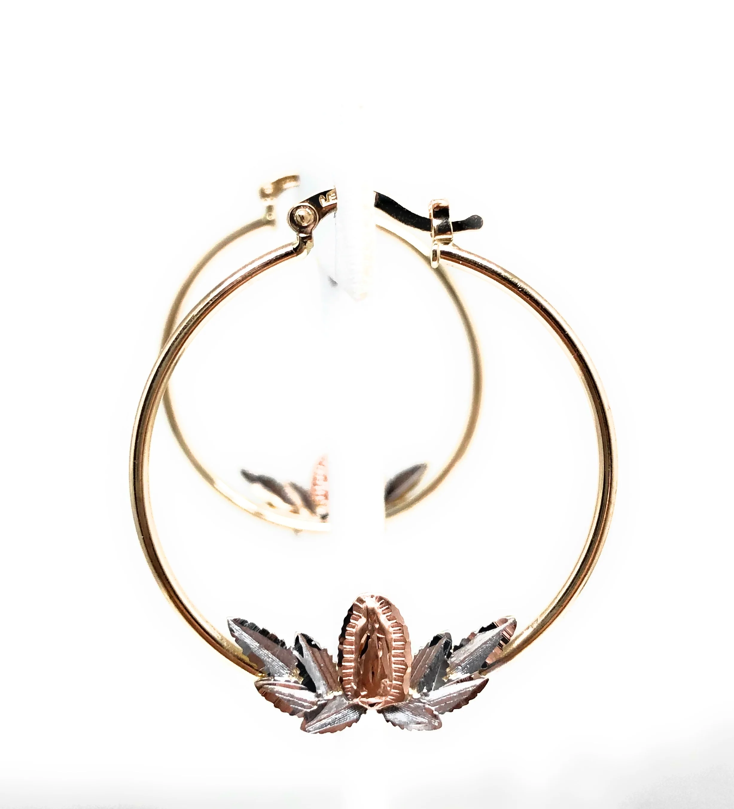 14k Solid Gold Tri-Color Virrgin Mary Hoop Earrings - Image 7