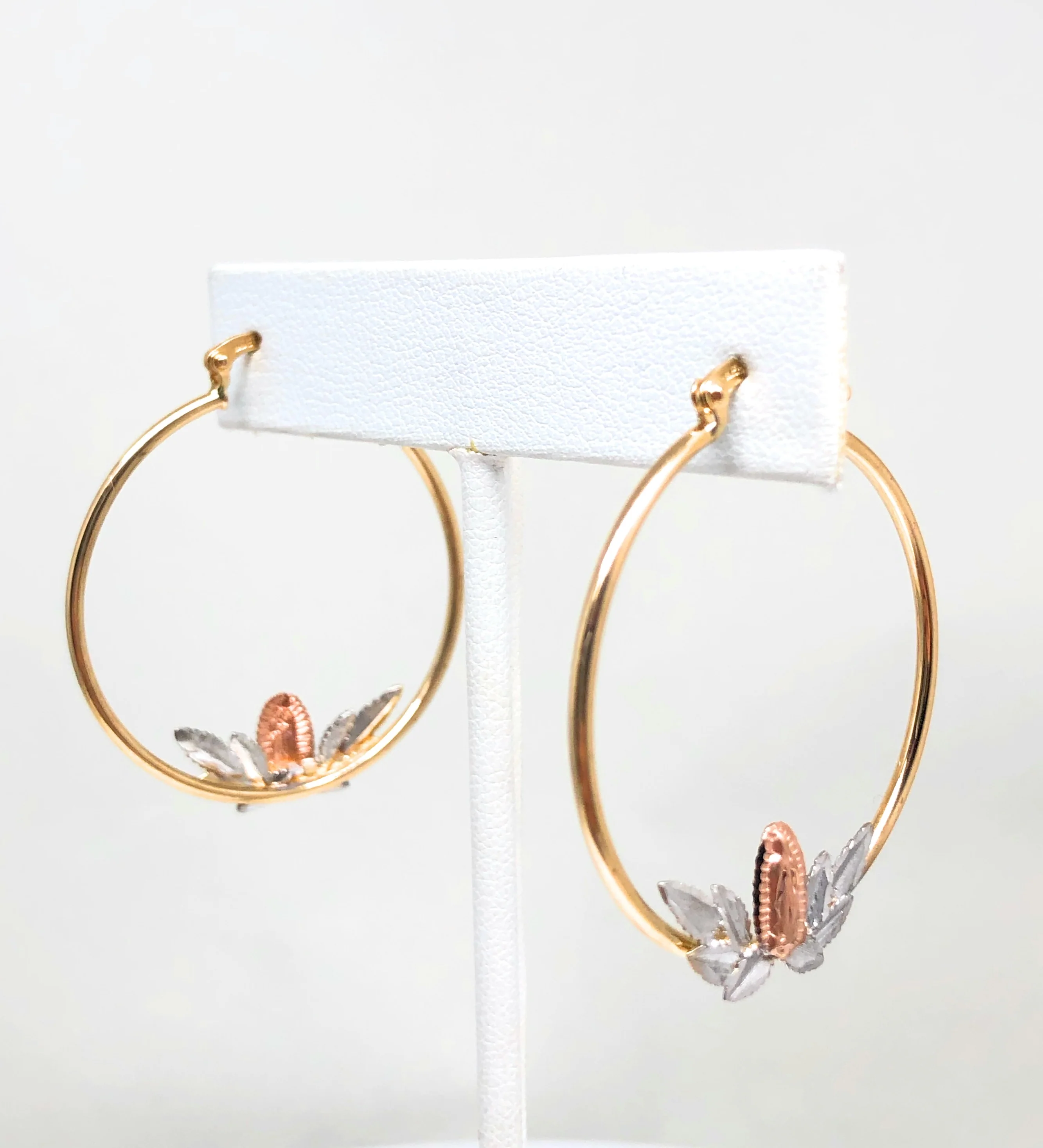 14k Solid Gold Tri-Color Virrgin Mary Hoop Earrings - Image 8