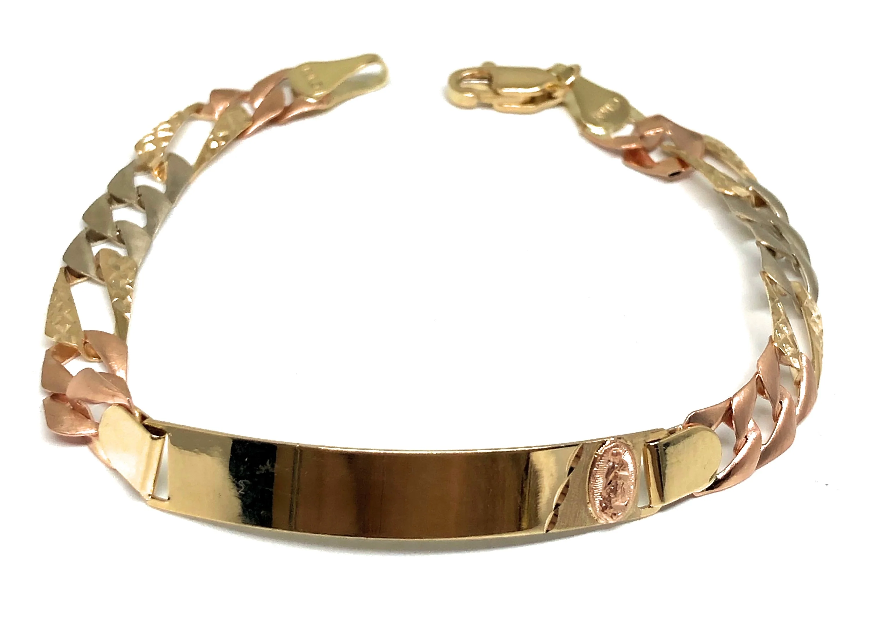 14k Solid Gold Tri-Color Virrgin Mary ID Brracelet 7.25 inch Virrgen Guadalupe (Free engraving) - Image 2