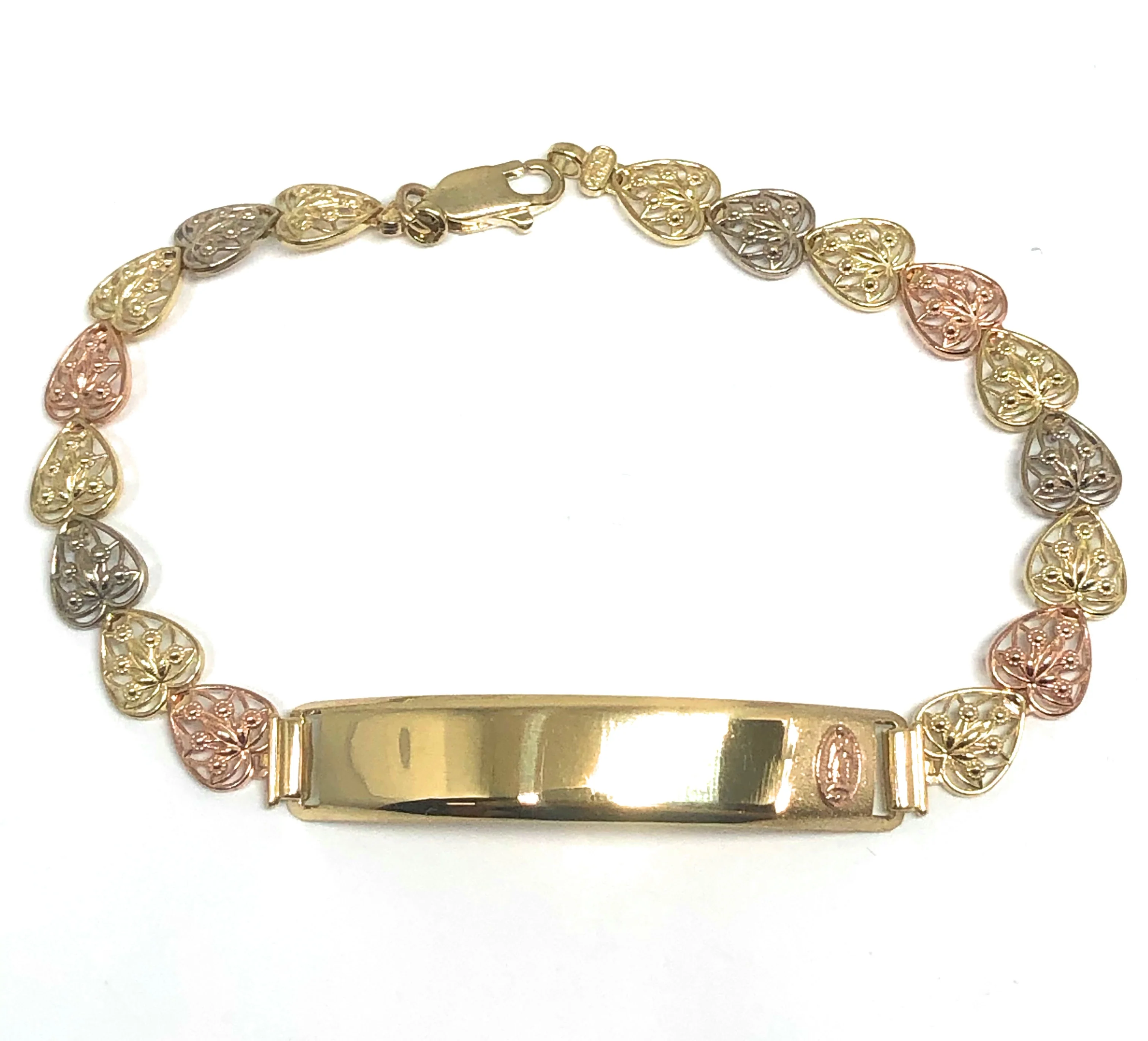 14k Solid Gold Tri-Color Virrgin Mary ID Brracelet 7.5 inch Virrgen Guadalupe (Free engraving)