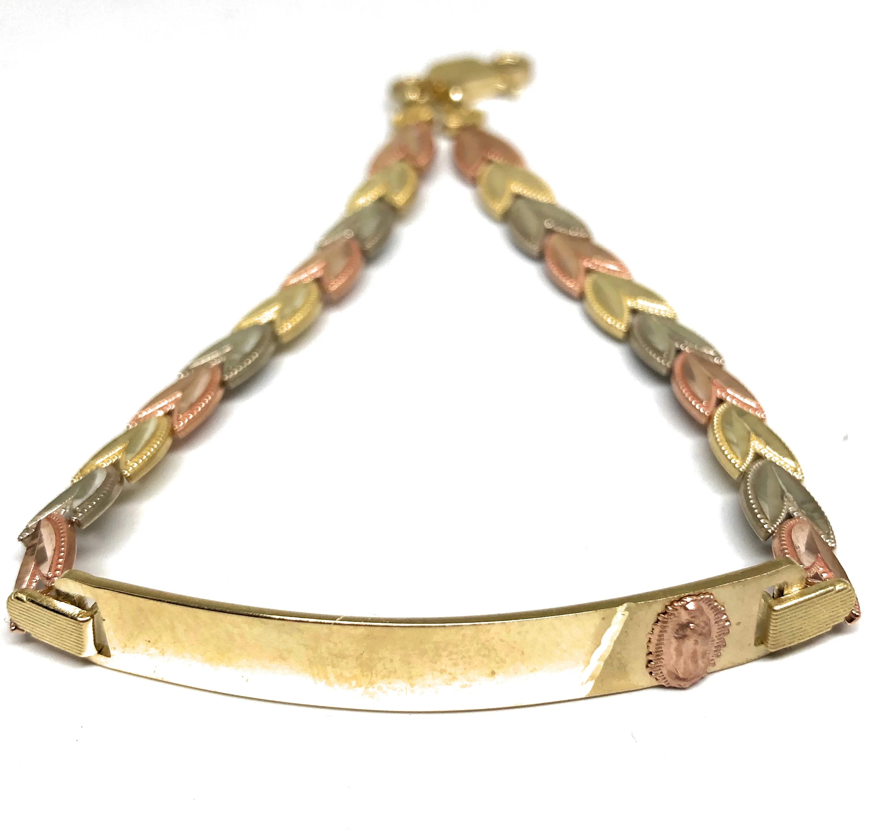 10k Solid Gold Tri-Color Virrgin Mary ID Brracelet 7.5 inch Virrgen Guadalupe (Free engraving) - Image 3
