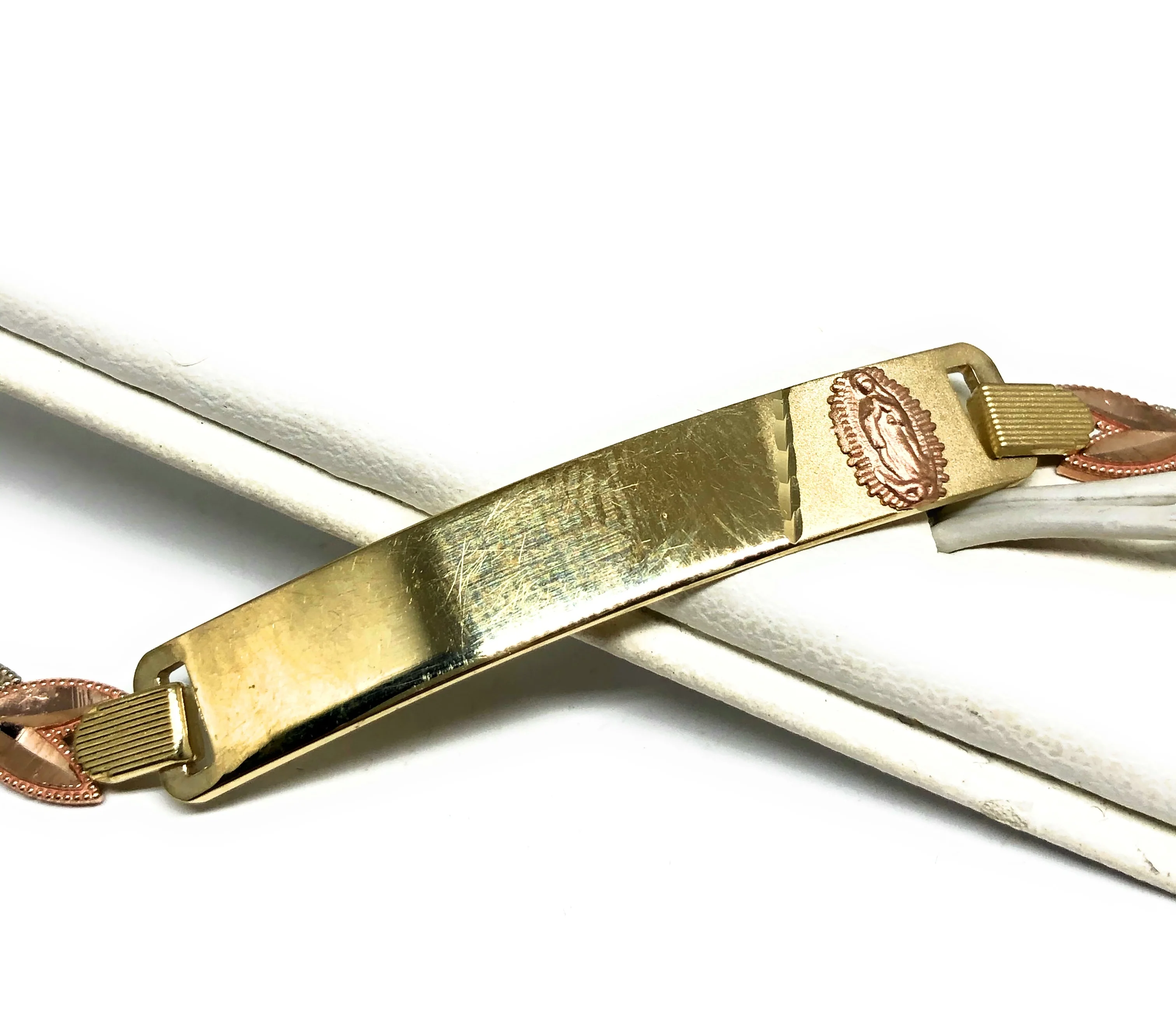 10k Solid Gold Tri-Color Virrgin Mary ID Brracelet 7.5 inch Virrgen Guadalupe (Free engraving) - Image 4
