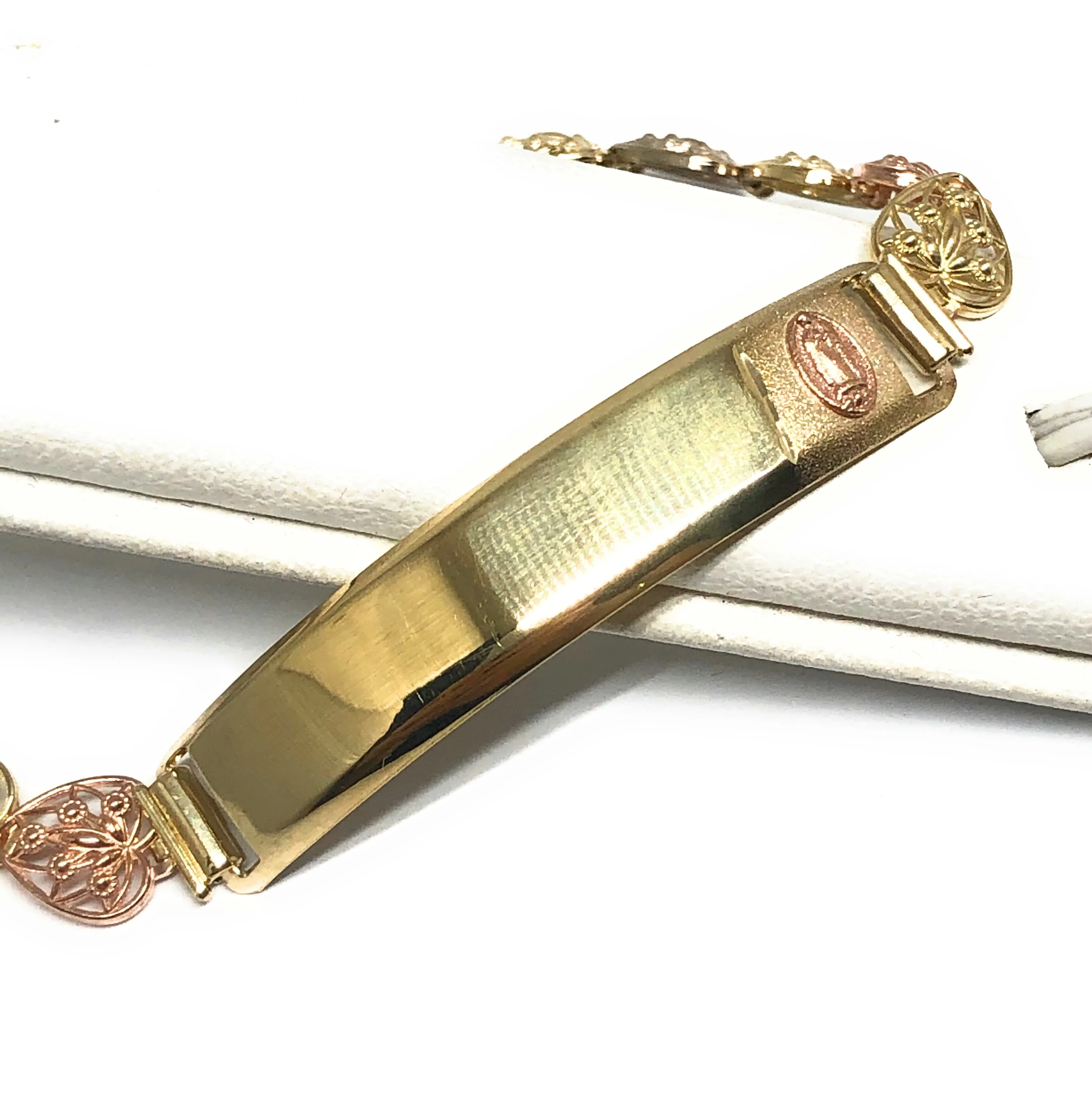 14k Solid Gold Tri-Color Virrgin Mary ID Brracelet 7.5 inch Virrgen Guadalupe (Free engraving) - Image 2