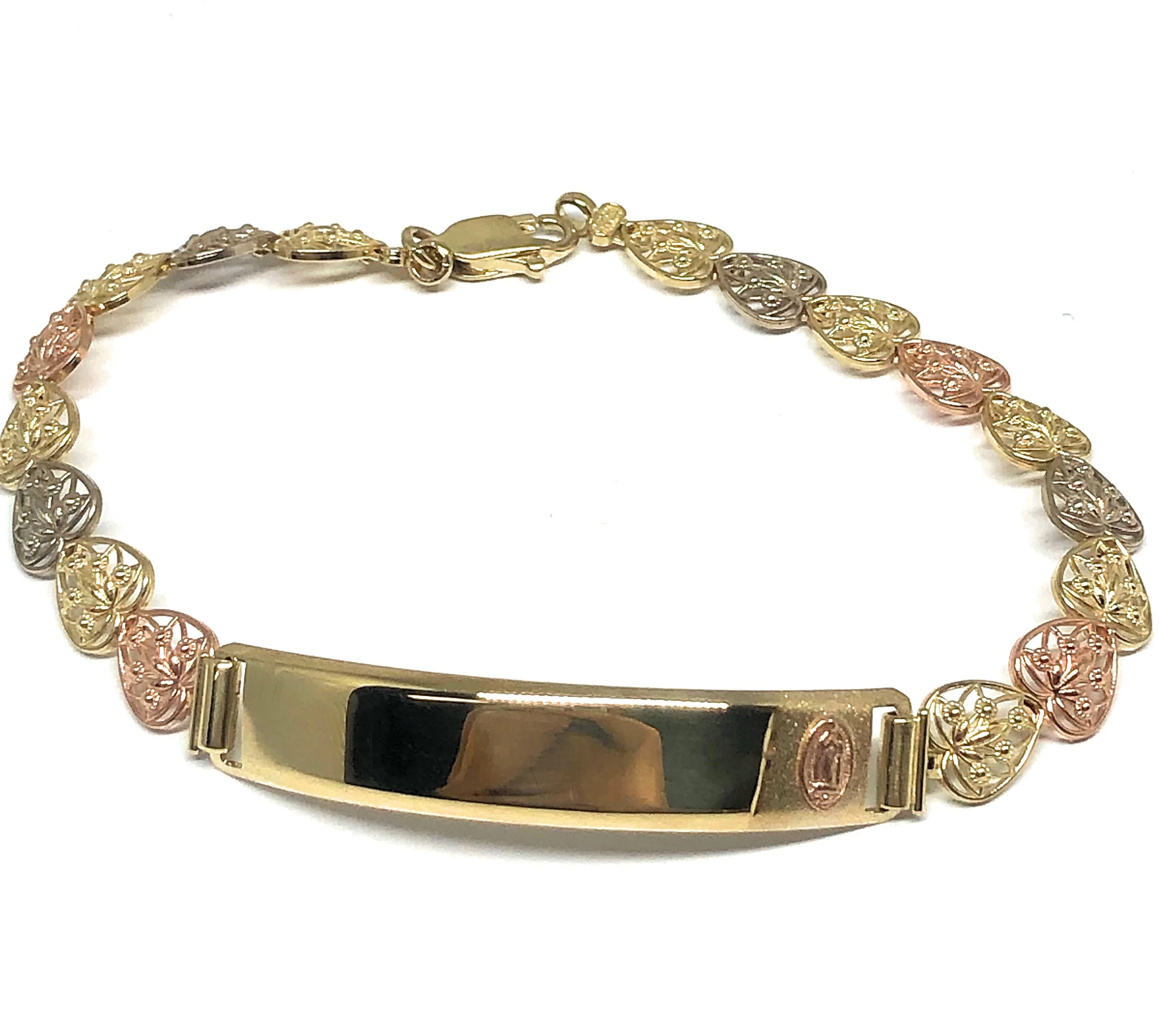 14k Solid Gold Tri-Color Virrgin Mary ID Brracelet 7.5 inch Virrgen Guadalupe (Free engraving) - Image 3