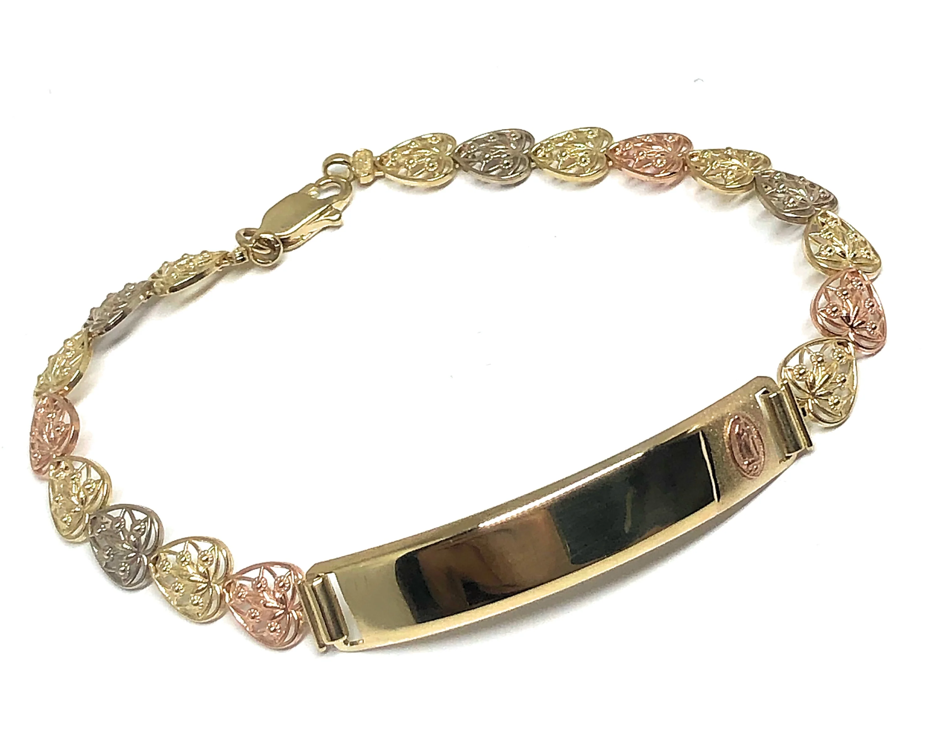 14k Solid Gold Tri-Color Virrgin Mary ID Brracelet 7.5 inch Virrgen Guadalupe (Free engraving) - Image 4