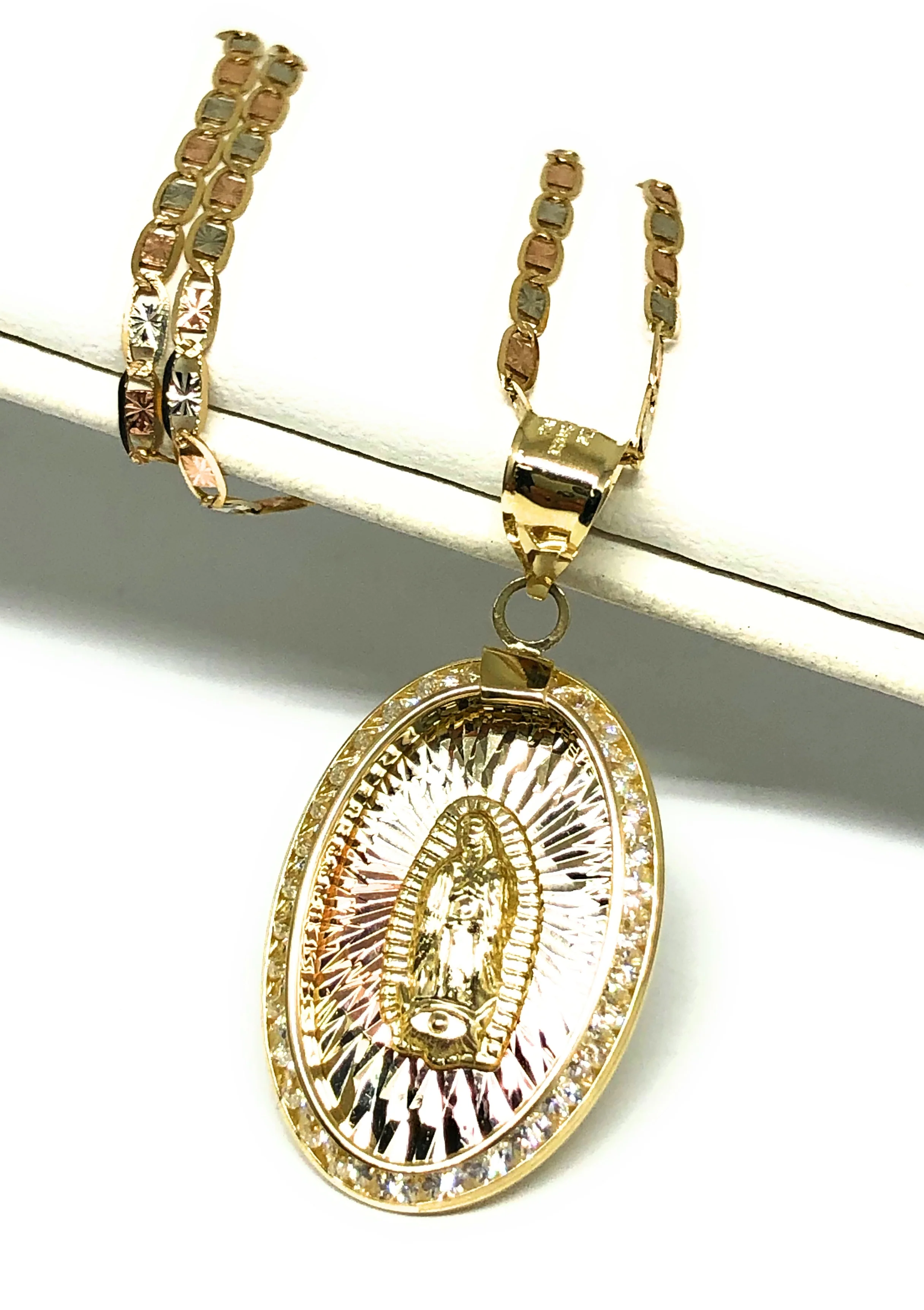 10k Solid Gold Tri-Color Virrgin Mary Oval Pendant Necklace W/ CZ Virrgen Gaudalupe Valentina Chain - Image 3