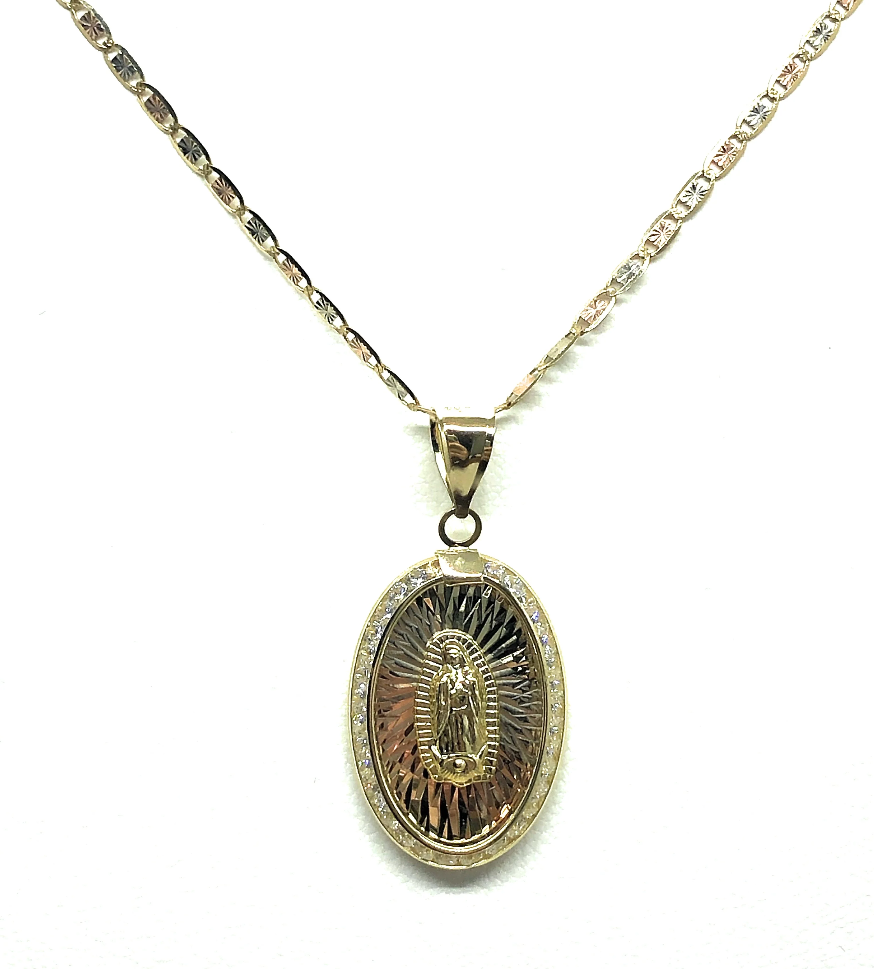 10k Solid Gold Tri-Color Virrgin Mary Oval Pendant Necklace W/ CZ Virrgen Gaudalupe Valentina Chain - Image 4