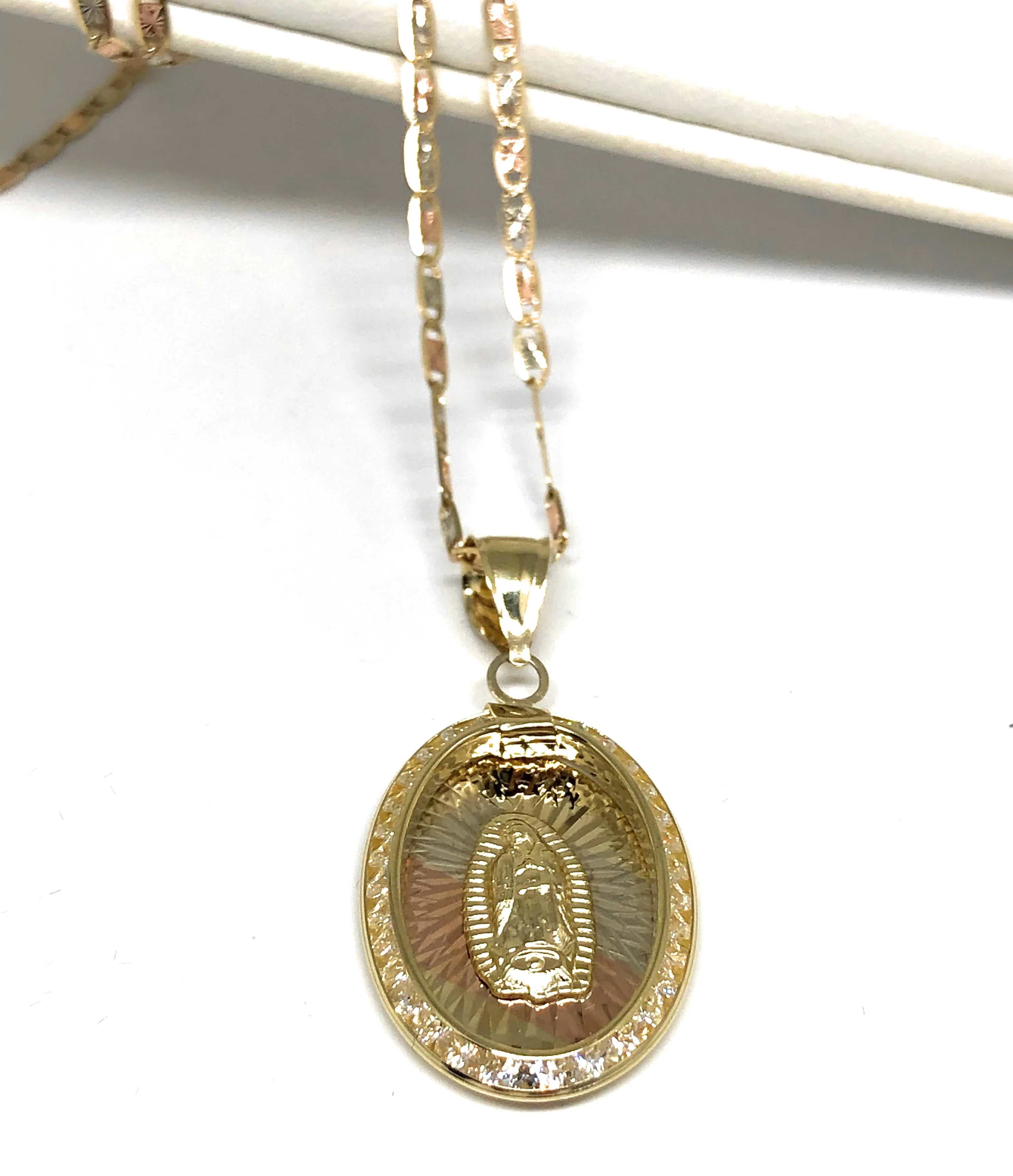 10k Solid Gold Tri-Color Virrgin Mary Oval Pendant Necklace W/ CZ Virrgen Gaudalupe Valentina Chain - Image 5