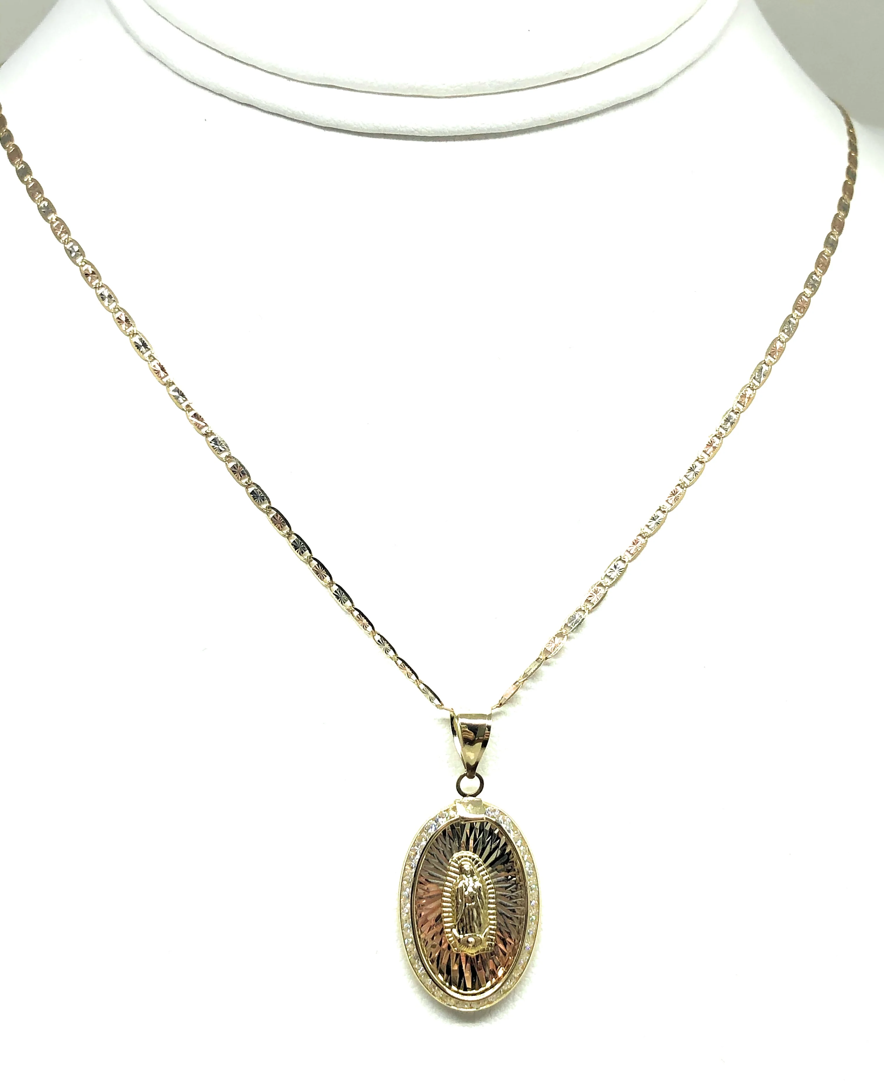 10k Solid Gold Tri-Color Virrgin Mary Oval Pendant Necklace W/ CZ Virrgen Gaudalupe Valentina Chain - Image 6
