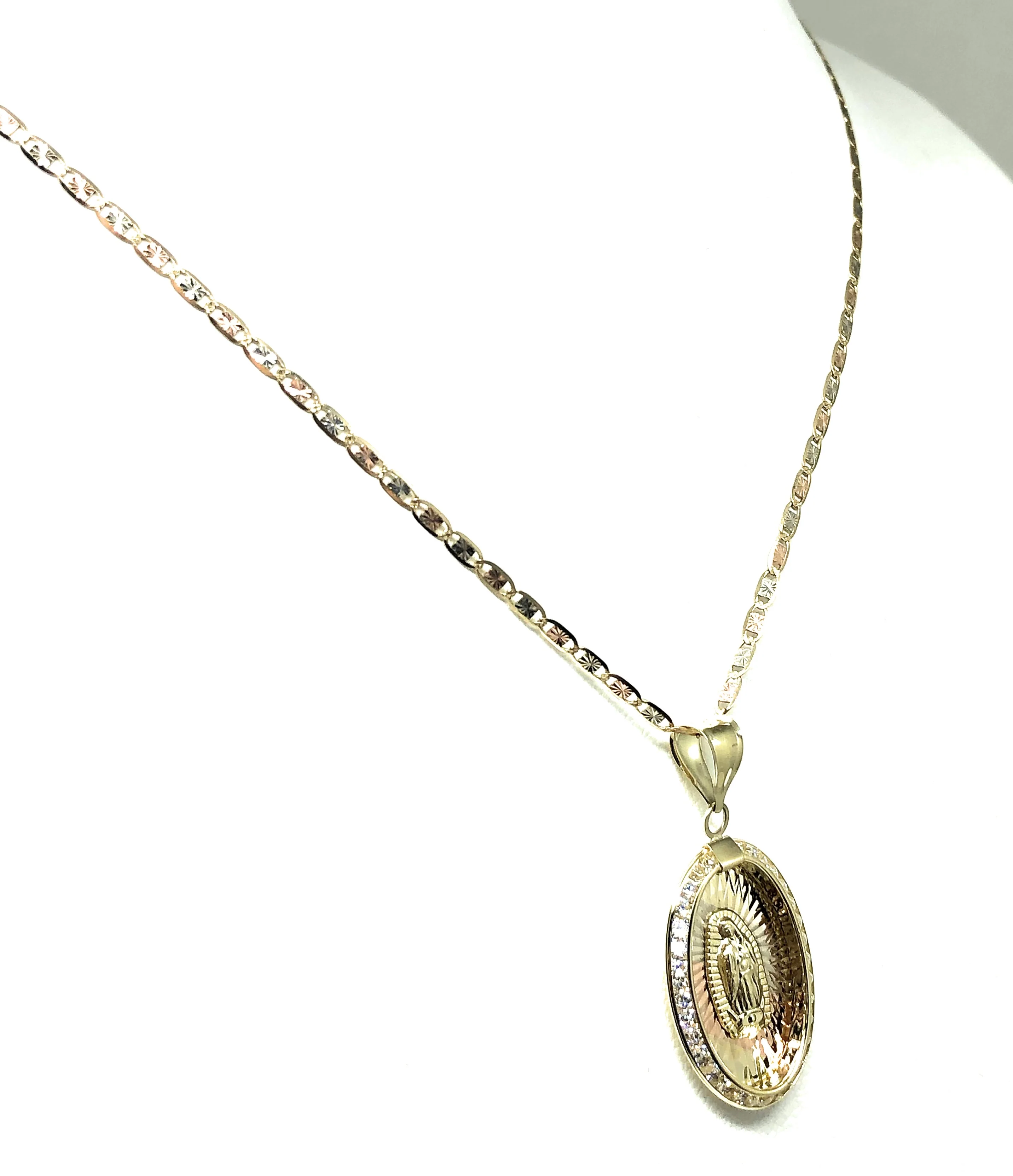 10k Solid Gold Tri-Color Virrgin Mary Oval Pendant Necklace W/ CZ Virrgen Gaudalupe Valentina Chain - Image 7
