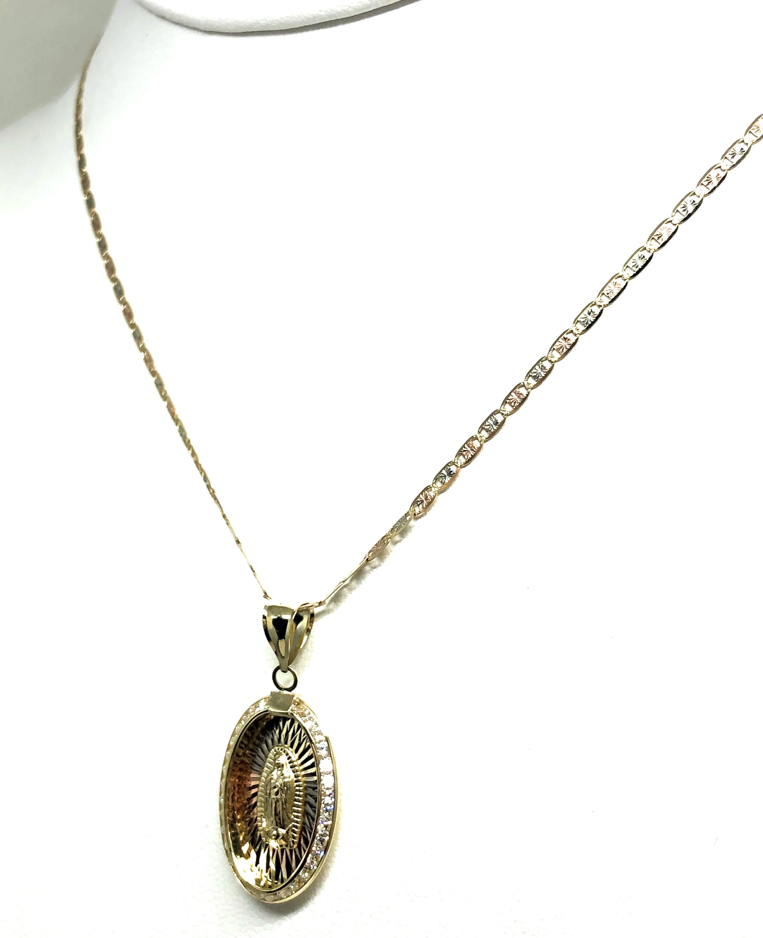 10k Solid Gold Tri-Color Virrgin Mary Oval Pendant Necklace W/ CZ Virrgen Gaudalupe Valentina Chain - Image 8