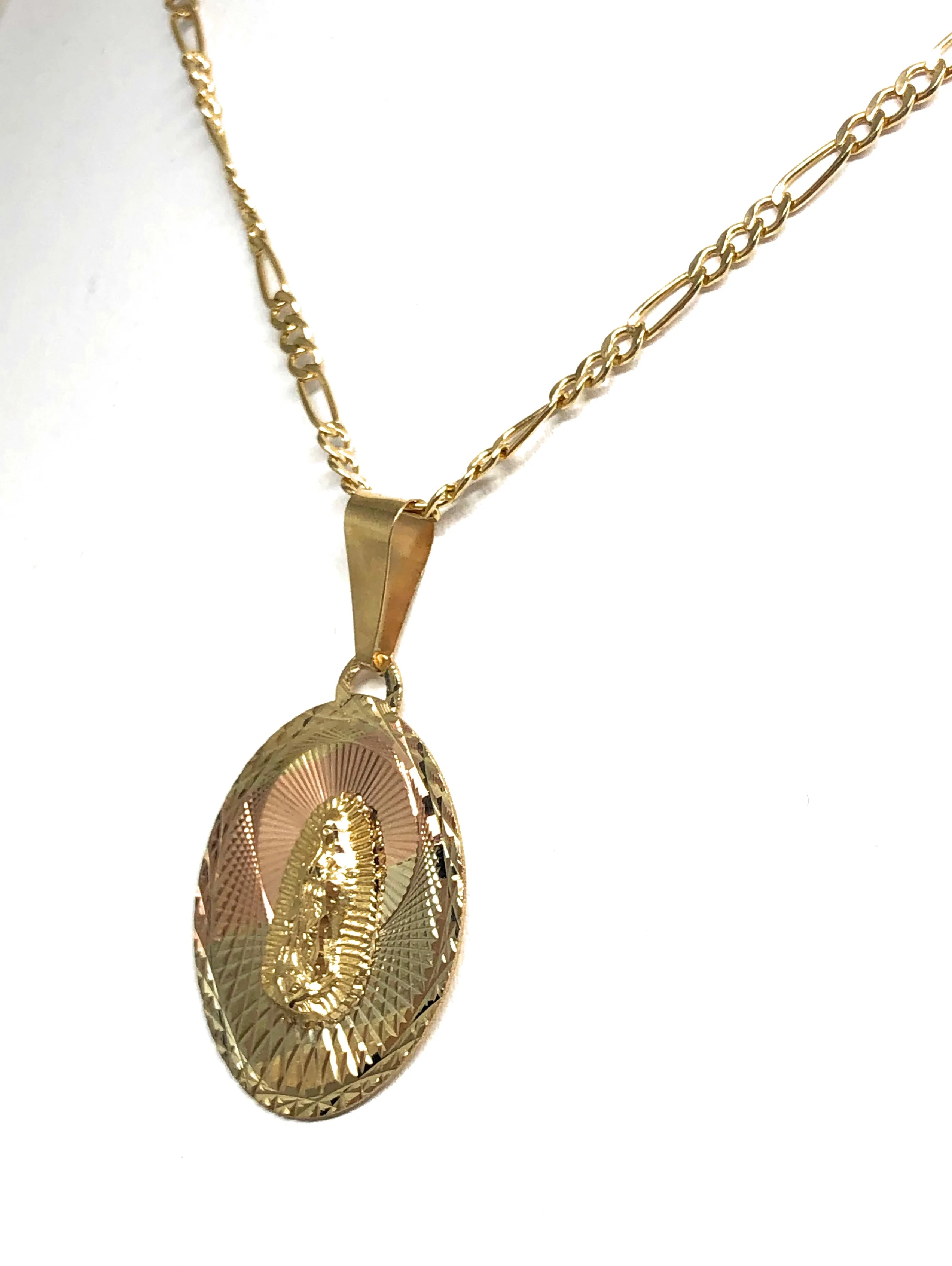 14k Solid Gold Tri-Color Virrgin Mary Oval Pendant Virrgen Guadalupe Figaro Chain (SM,MED,LG) - Image 5
