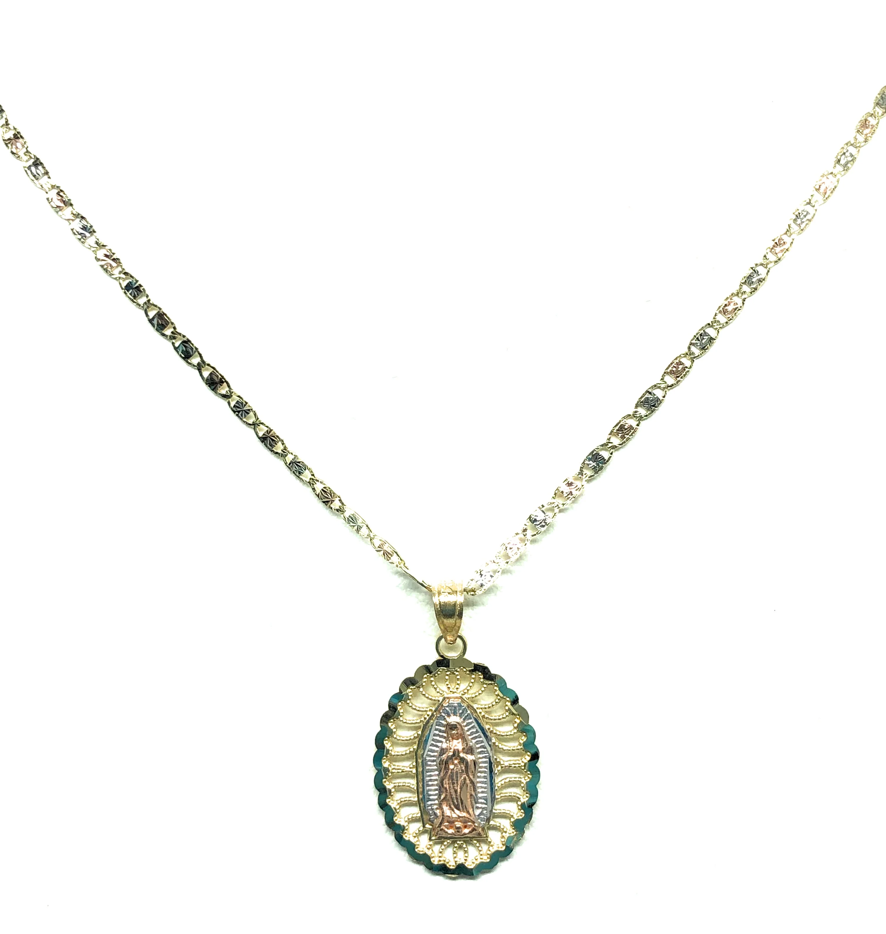 14k Solid Gold Tri-Color Virrgin Mary Pendant Virrgen Guadalupe Tri-Color Valentina Chain 1.9mm - Image 4