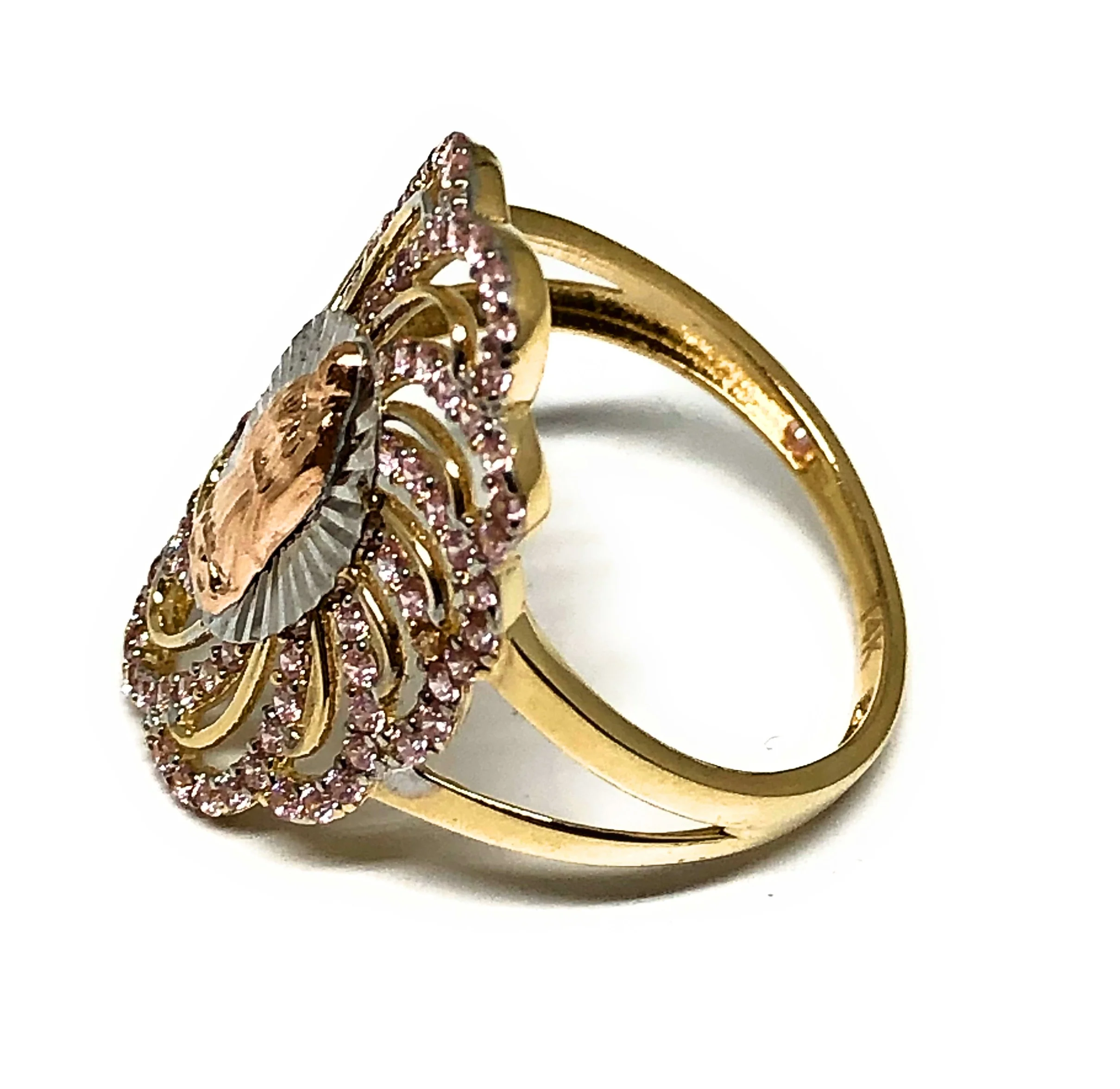 14k Solid Gold Tri-Color Virrgin Mary Pink CZ Fancy Ring - Image 3