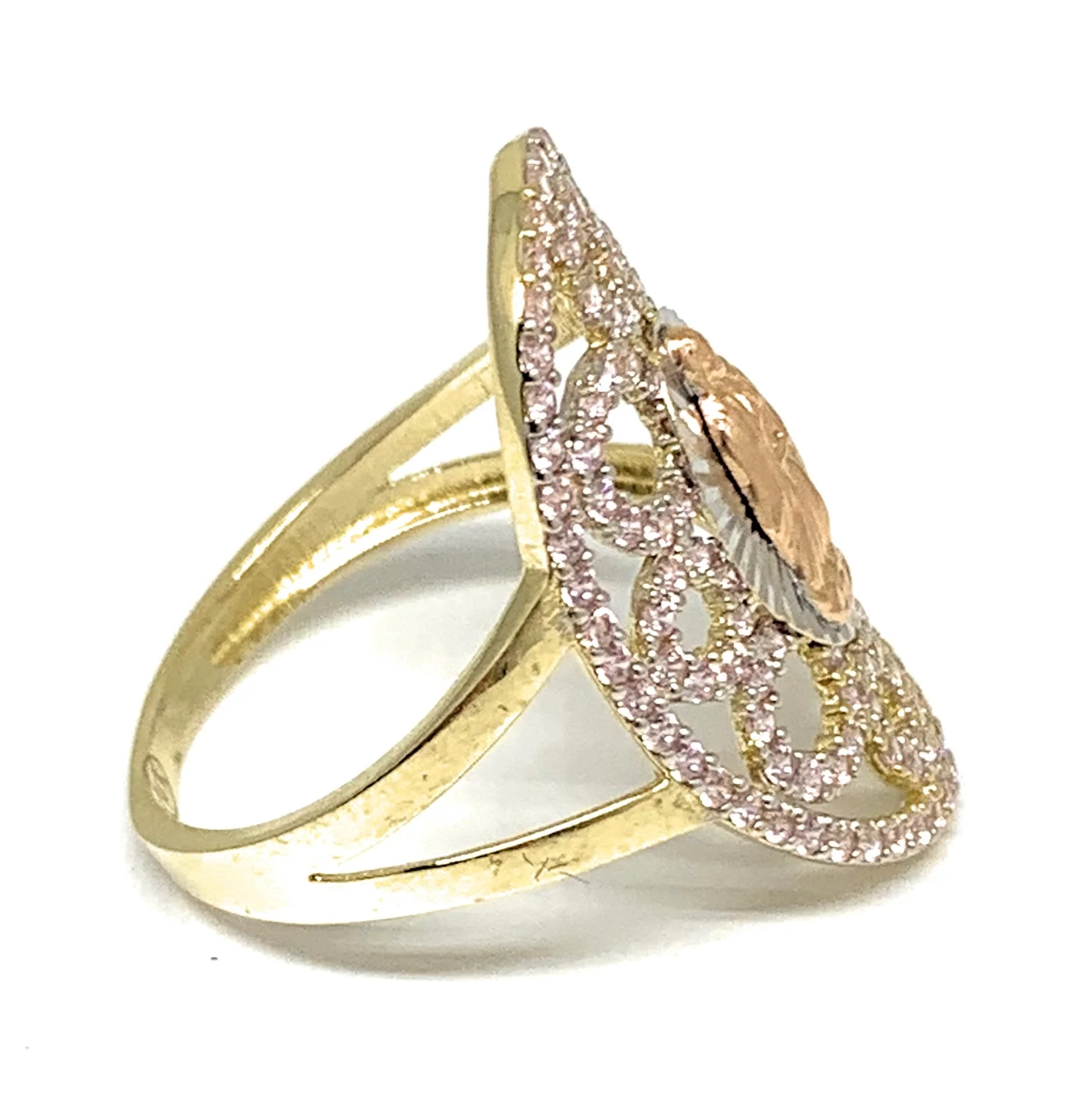 14k Solid Gold Tri-Color Virrgin Mary Pink CZ Fancy Ring - Image 2