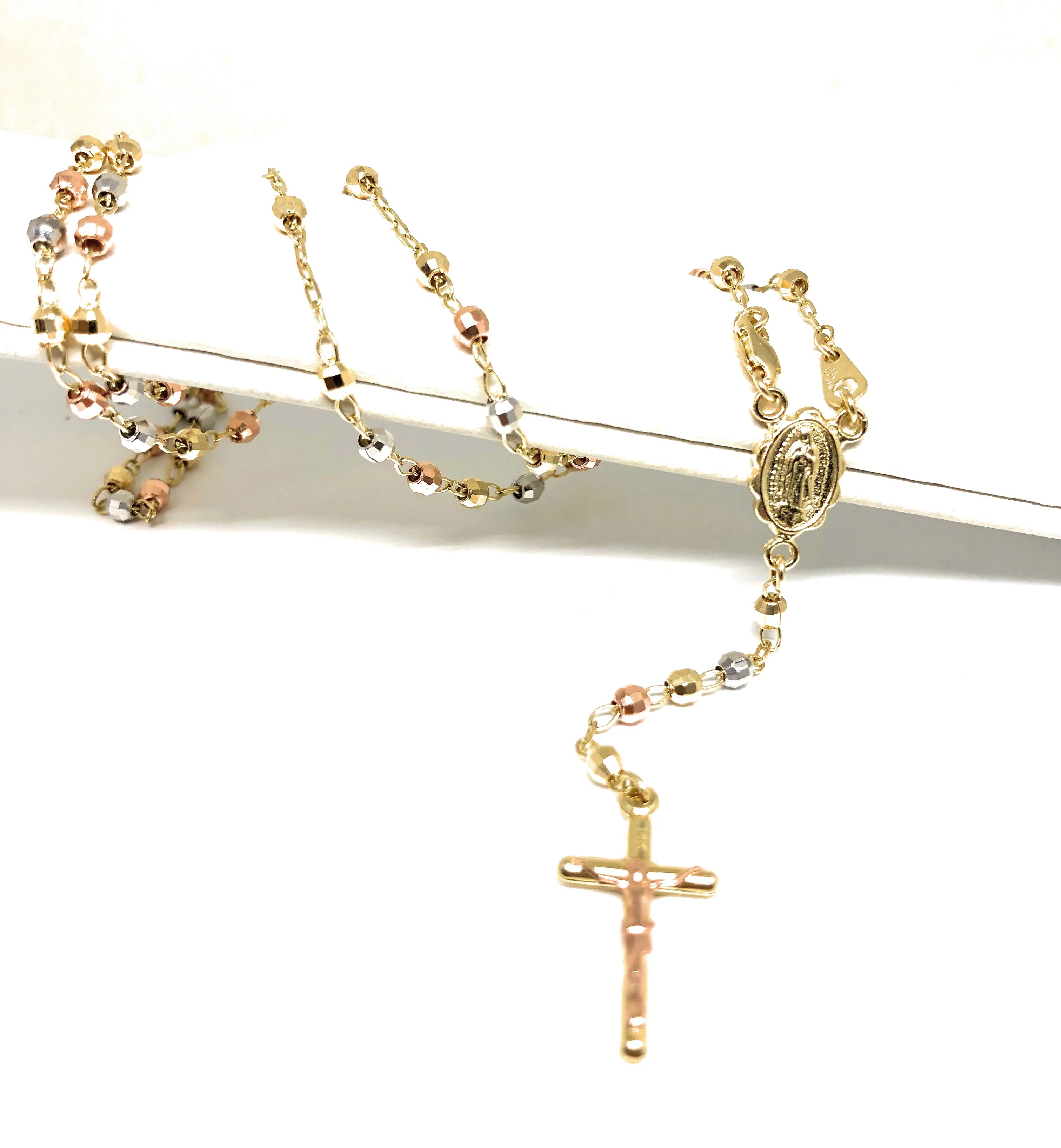 14k Solid Gold Tri-Color Virrgin Mary Rosarry Rosarrio 20" 2.8mm - Image 3