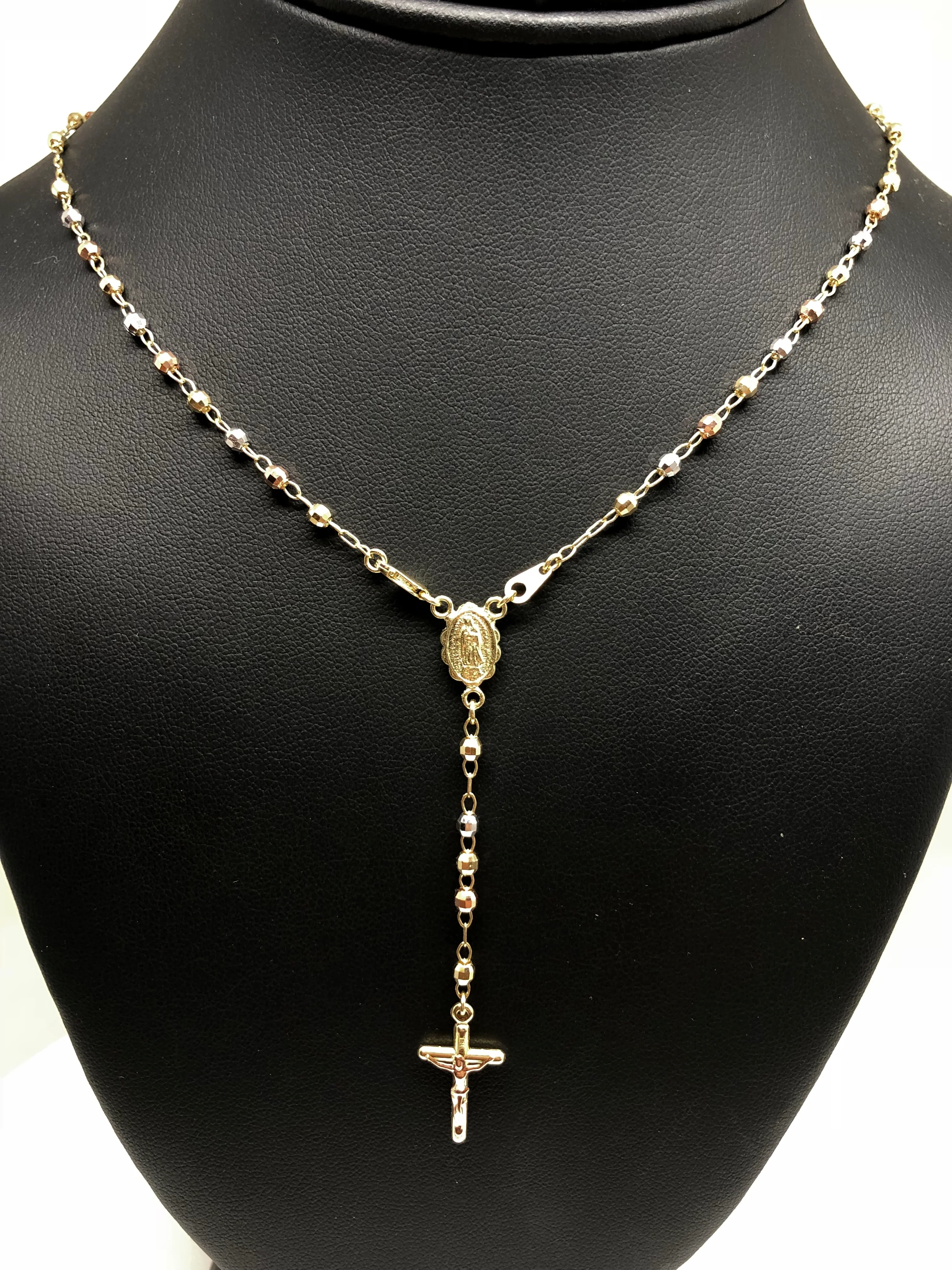 14k Solid Gold Tri-Color Virrgin Mary Rosarry Rosarrio 20" 2.8mm - Image 5