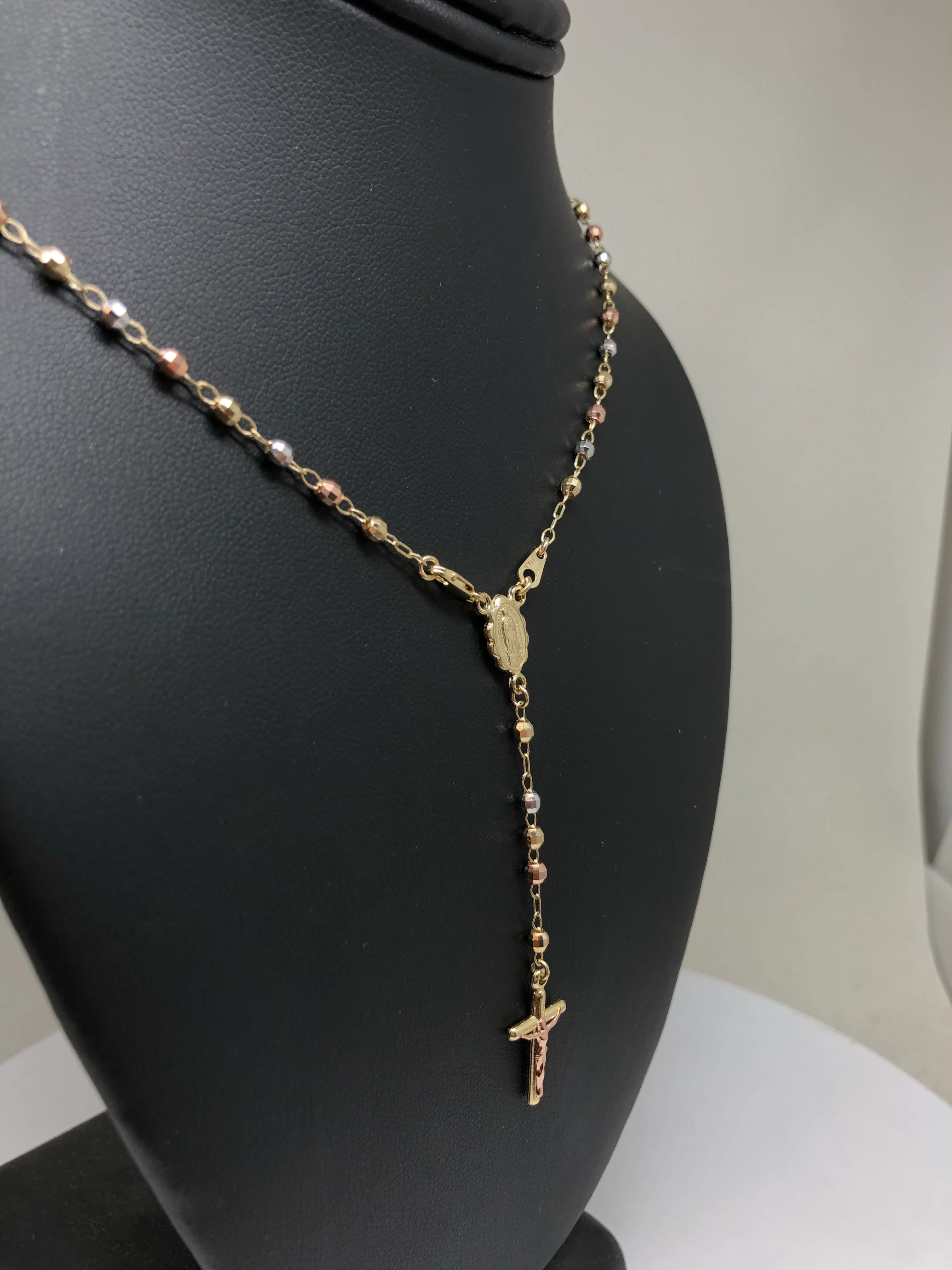 14k Solid Gold Tri-Color Virrgin Mary Rosarry Rosarrio 20" 2.8mm - Image 7
